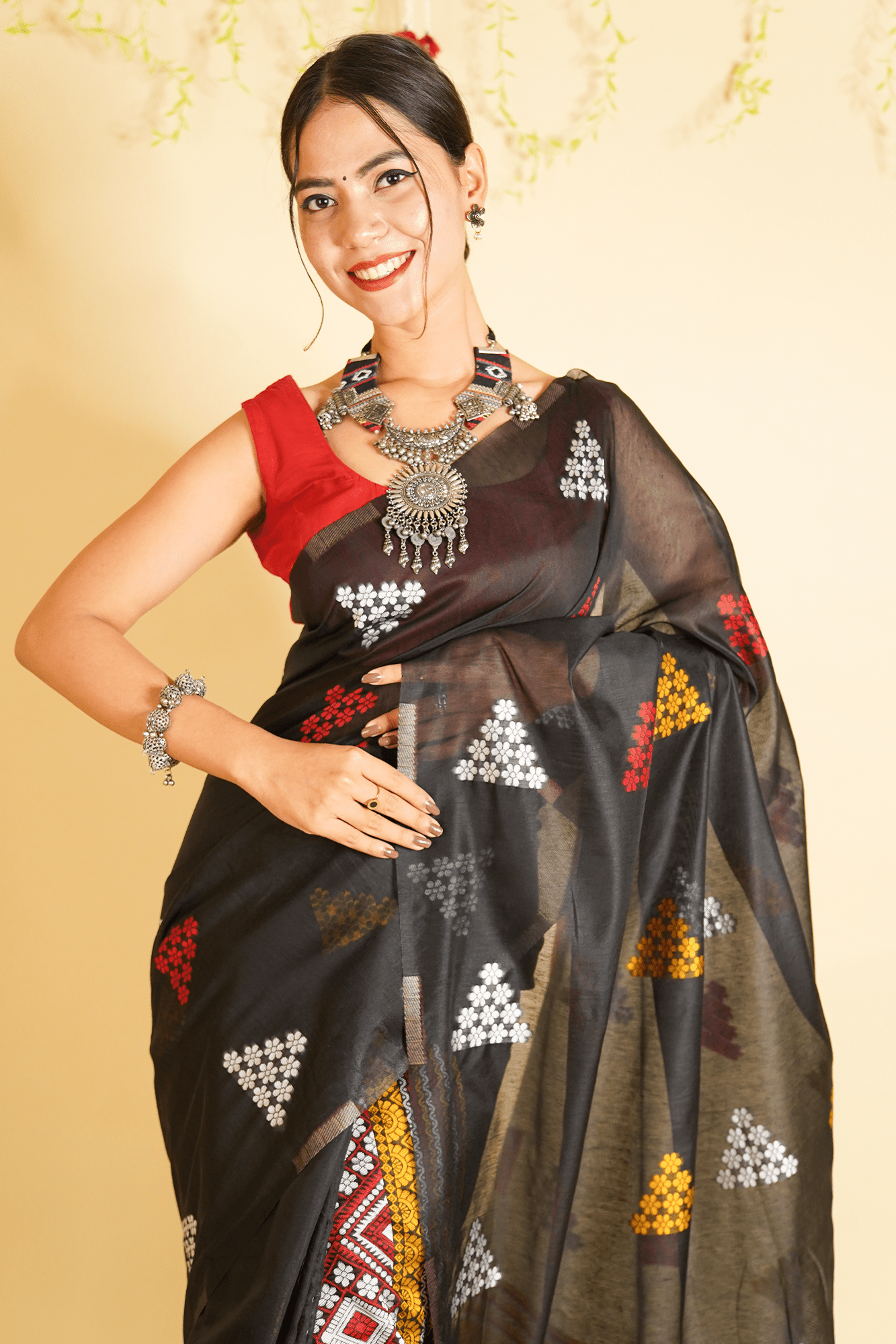 Ready to Wear Assamese Embroidered Center Pleats and Butis Jamdani cotton Wrap in 1 minute saree With Readymade Blouse - Isadora Life Online Shopping Store