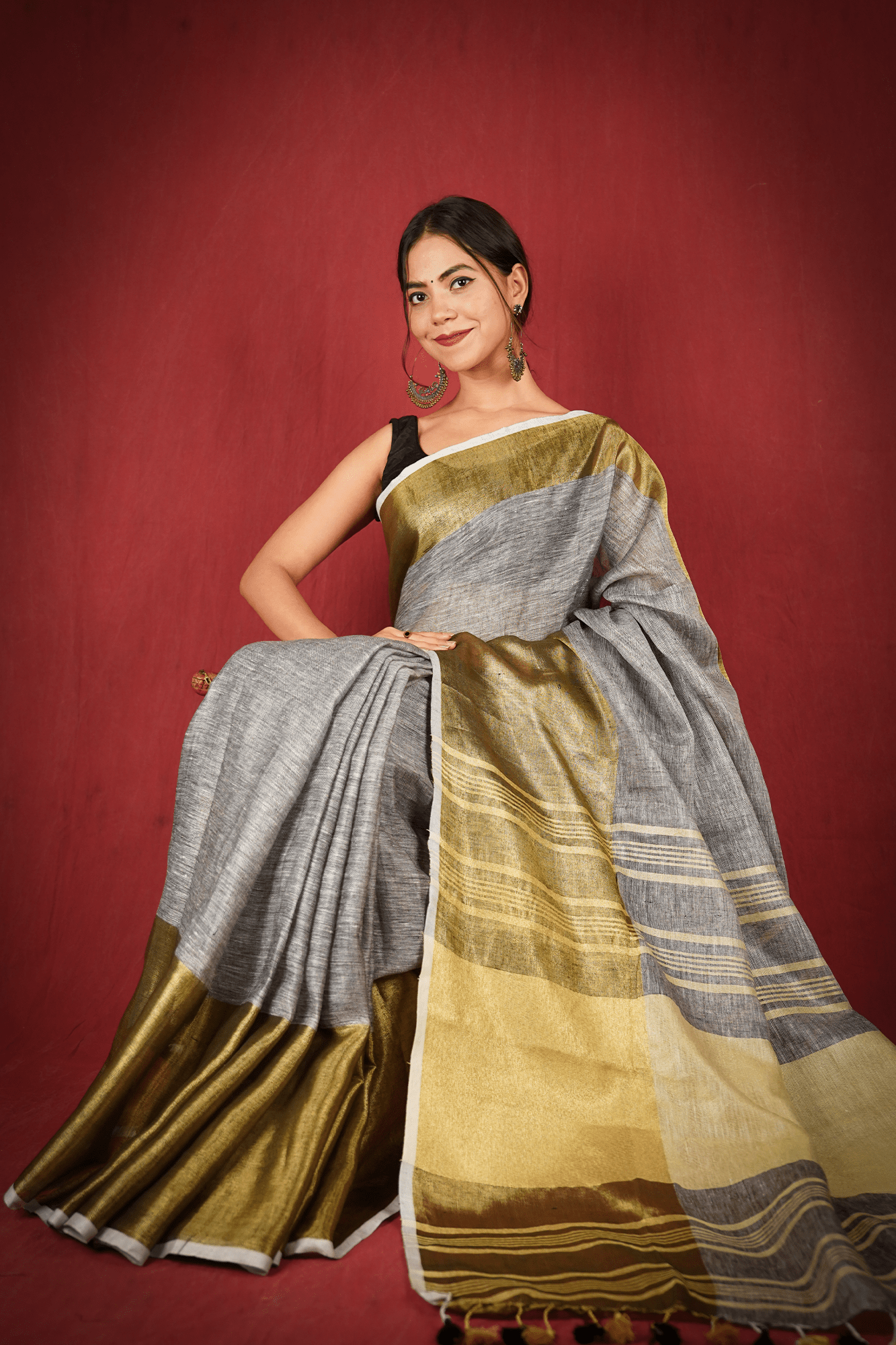 Grey & gold Bhagalpuri linen wrap in 1 minute saree with tassels in pallu - Isadora Life Online Shopping Store