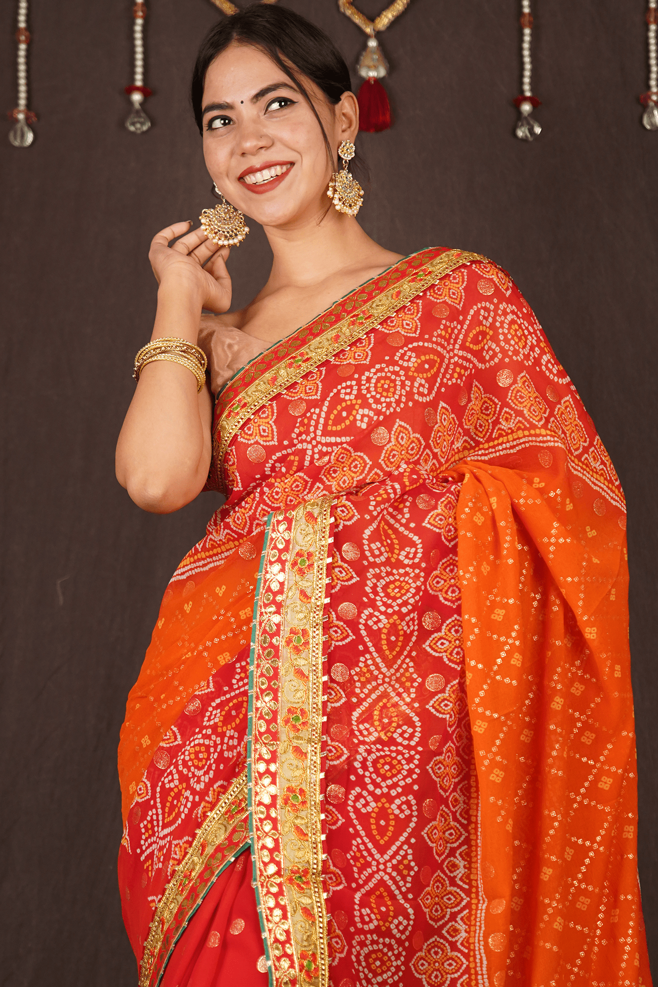 RED - ORANGE GEORGETTE CHIFFON BANDHANI SAREE WITH GOTA PATTI BORDER - Isadora Life Online Shopping Store