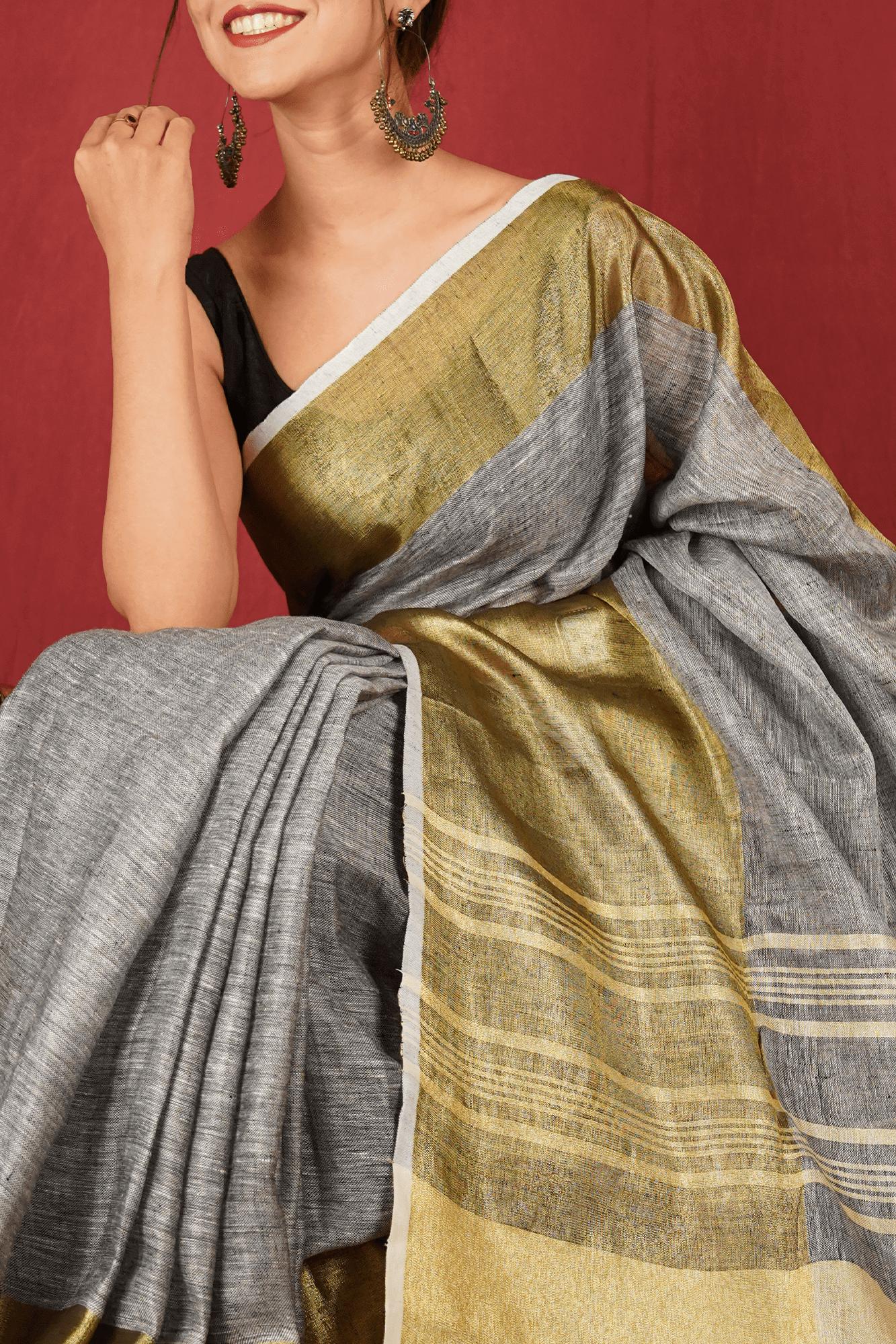 Grey & gold Bhagalpuri linen wrap in 1 minute saree with tassels in pallu - Isadora Life Online Shopping Store