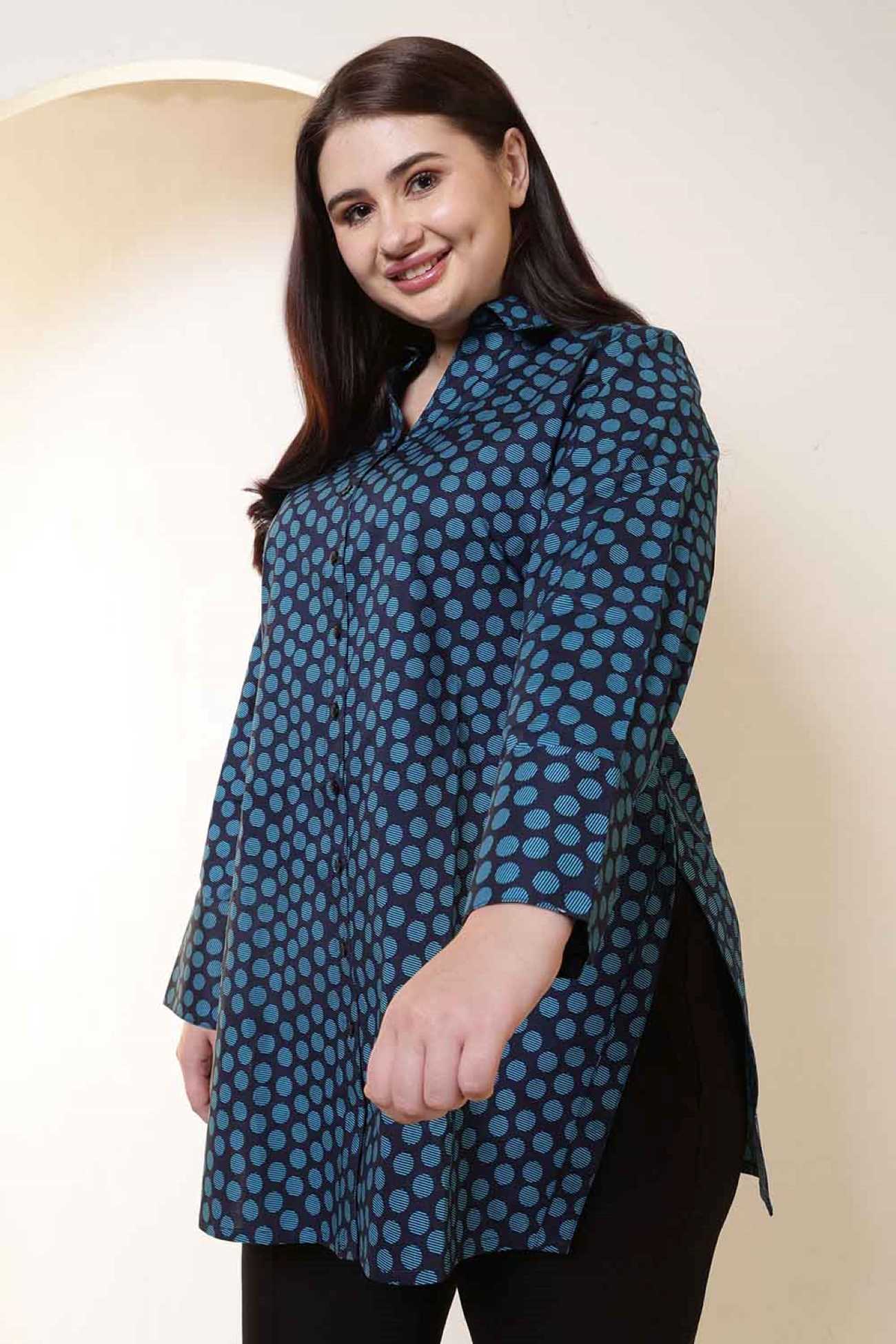 Plus Size Navy & Teal Polka Print High Slit Styled Cuff Cotton Shirt | Made to Order