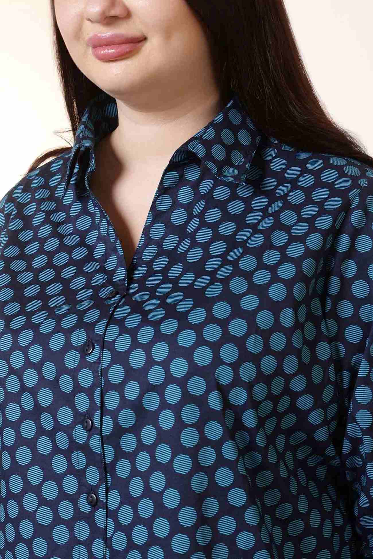 Plus Size Navy & Teal Polka Print High Slit Styled Cuff Cotton Shirt | Made to Order