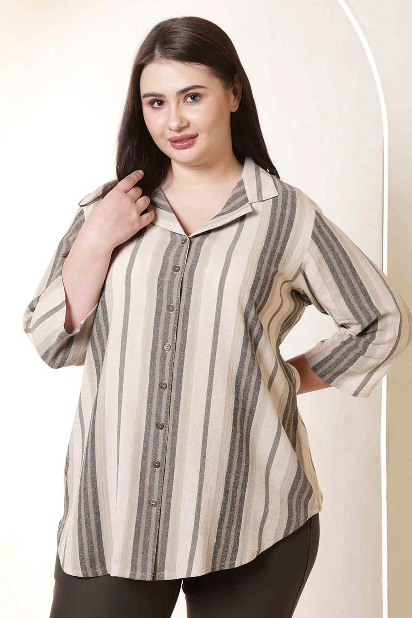 Plus Size Olive Striped Cuban Collar Cotton Shirt | Made to Order