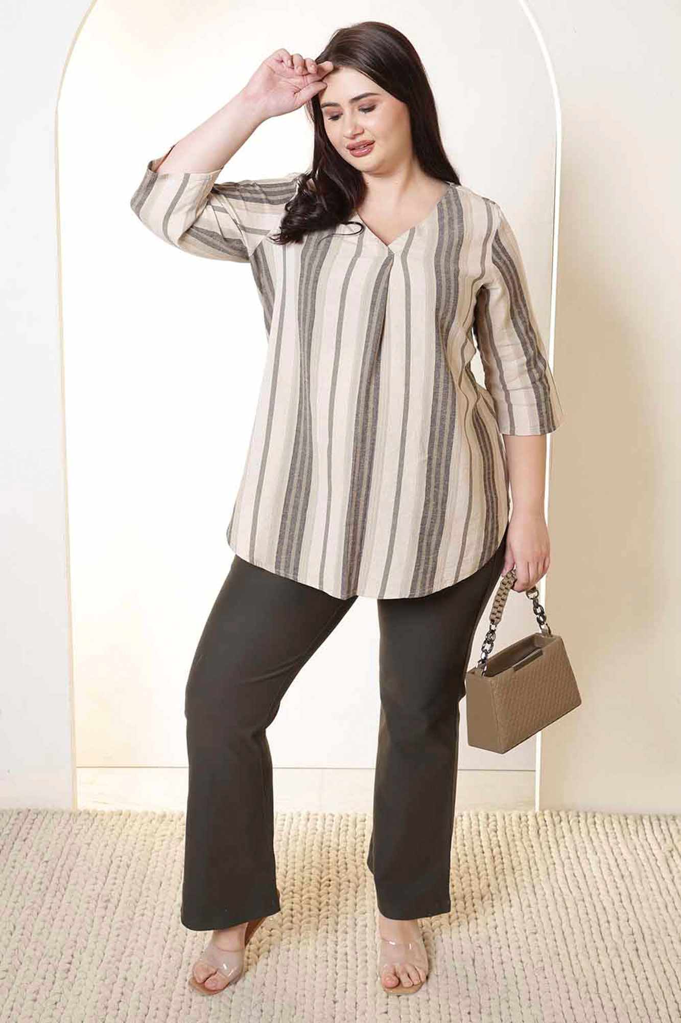 Plus Size Beige & Grey Striped V-Neck Cotton Top in Cotton | Made to Order