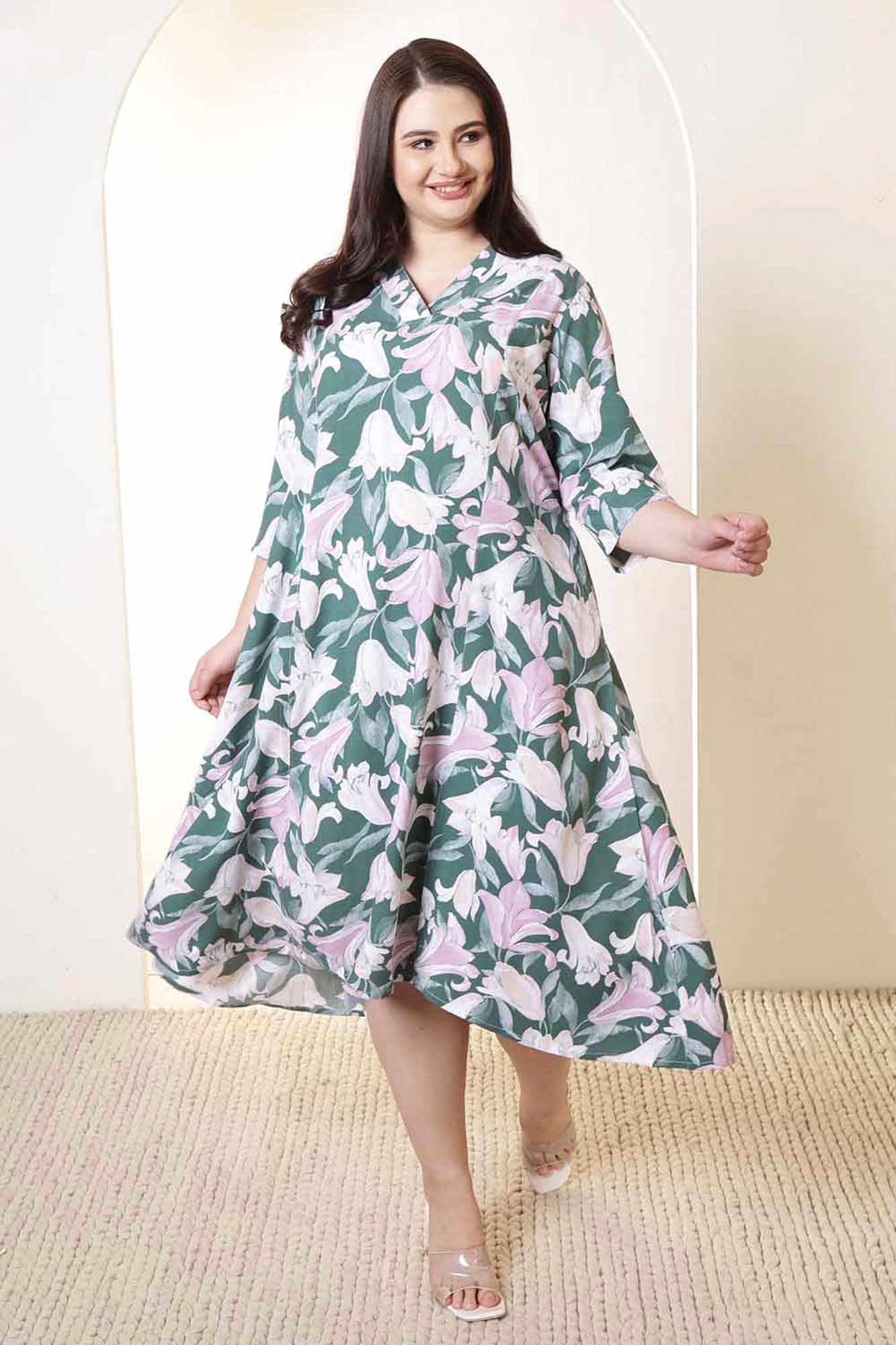 Plus Size Green & Pink Flower Print Rayon Midi Dress | Made to Order