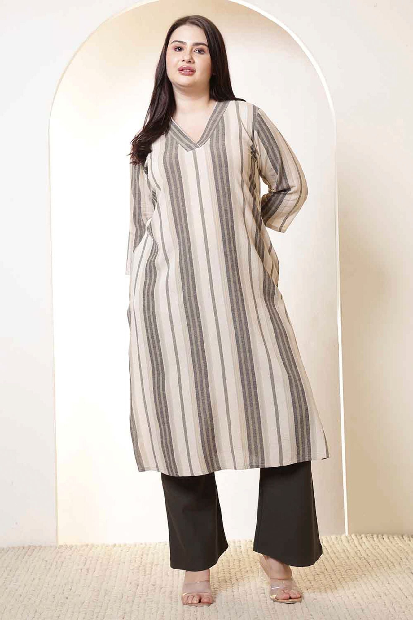 Plus Size Beige & Grey Striped V Neck Cotton Kurta | Made to Order