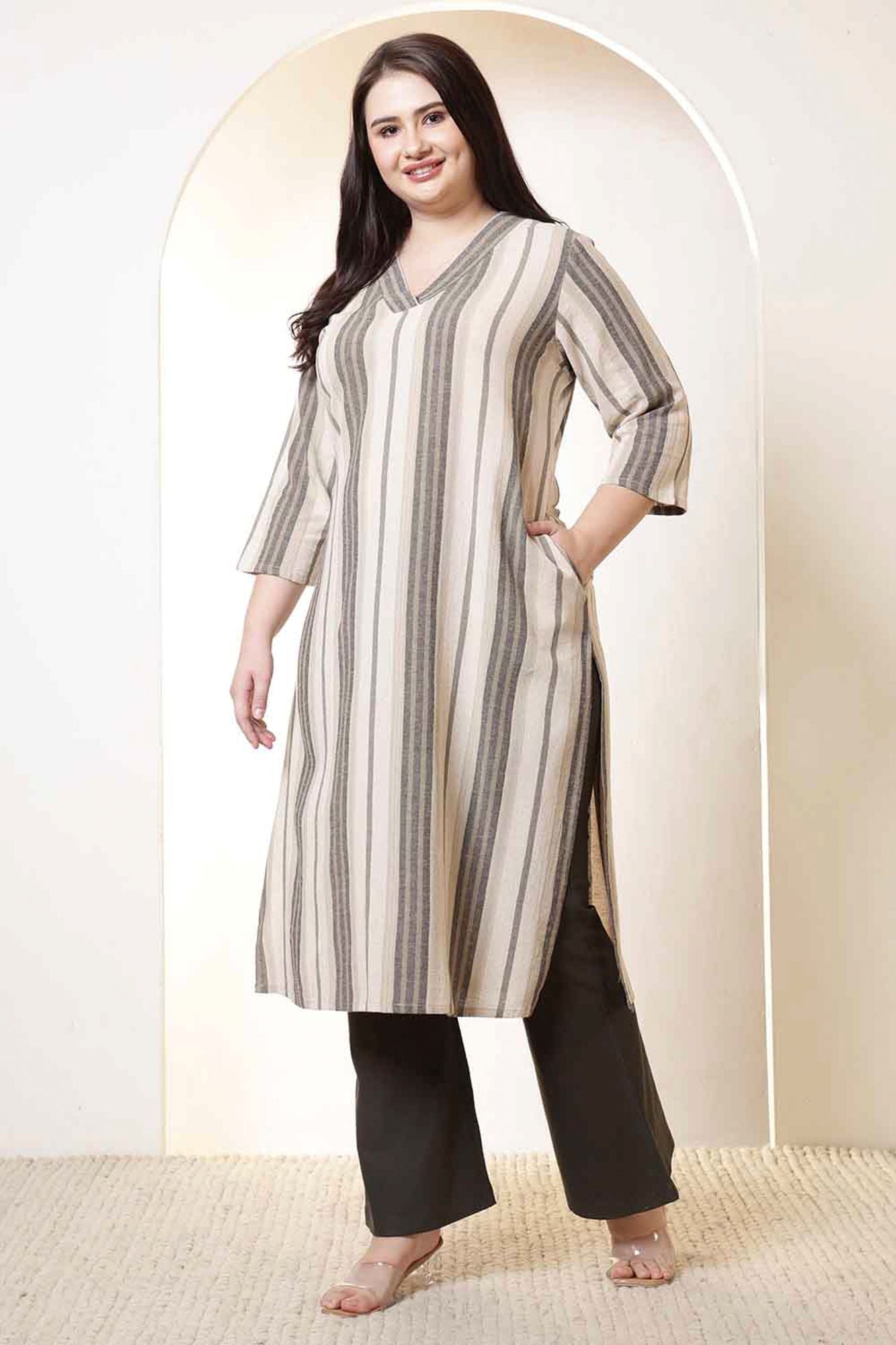 Plus Size Beige & Grey Striped V Neck Cotton Kurta | Made to Order