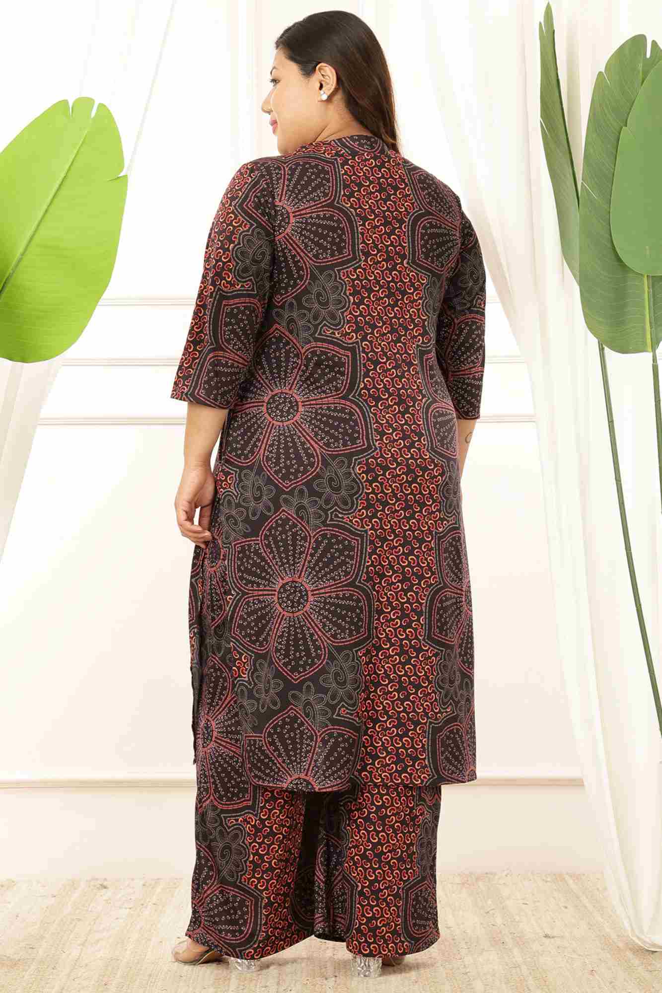Plus Size Maroon Floral V Neck Kurta Coord Set for Women | Made to Order
