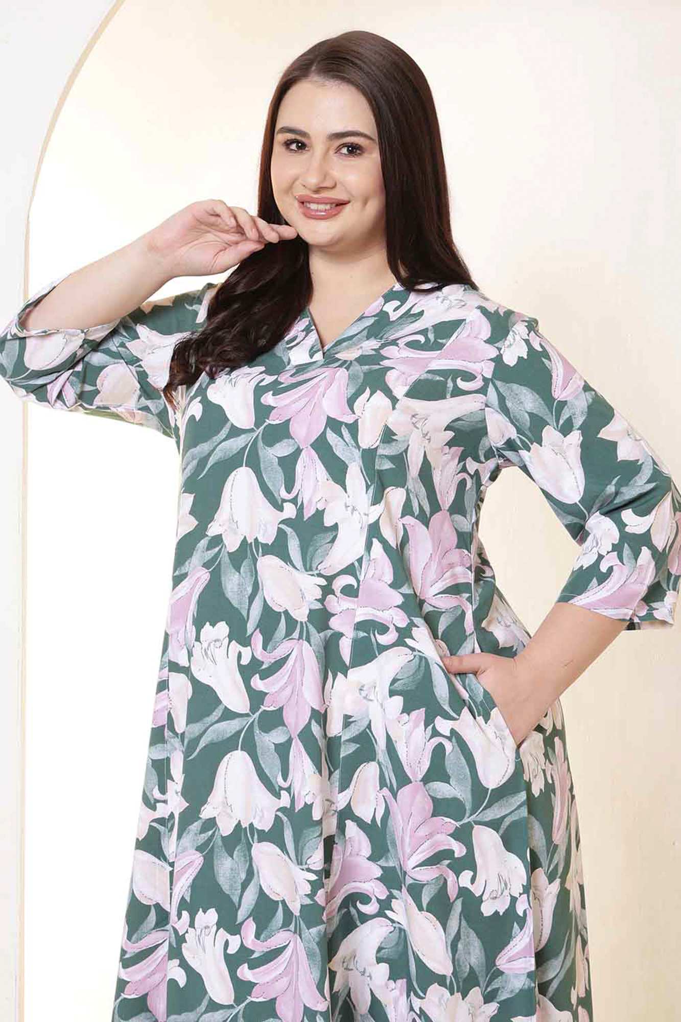 Plus Size Green & Pink Flower Print Rayon Midi Dress | Made to Order