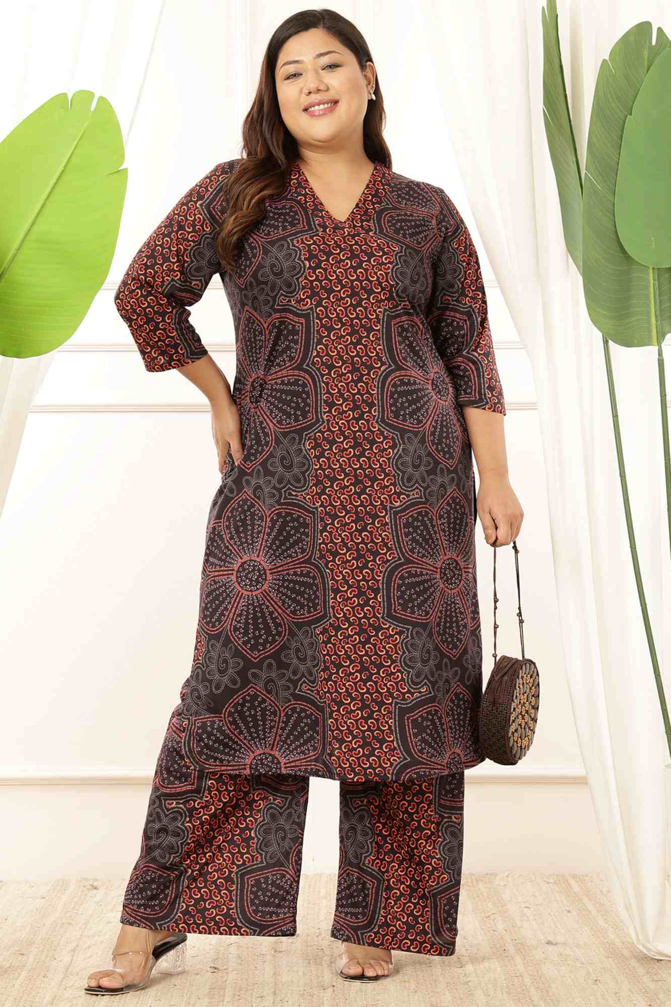 Plus Size Maroon Floral V Neck Kurta Coord Set for Women | Made to Order