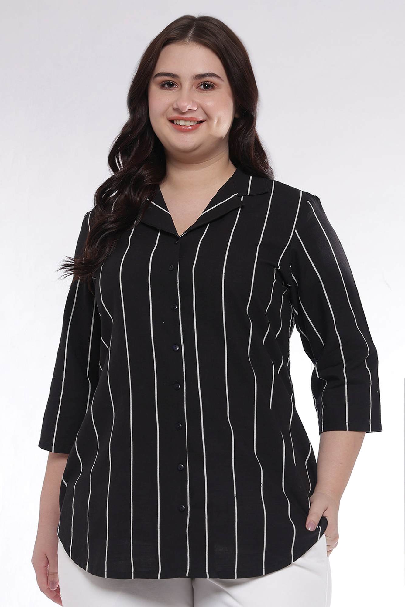 Plus Size Black Vertical Stripes Cuban Collar Cotton Shirt for Women | Made to Order