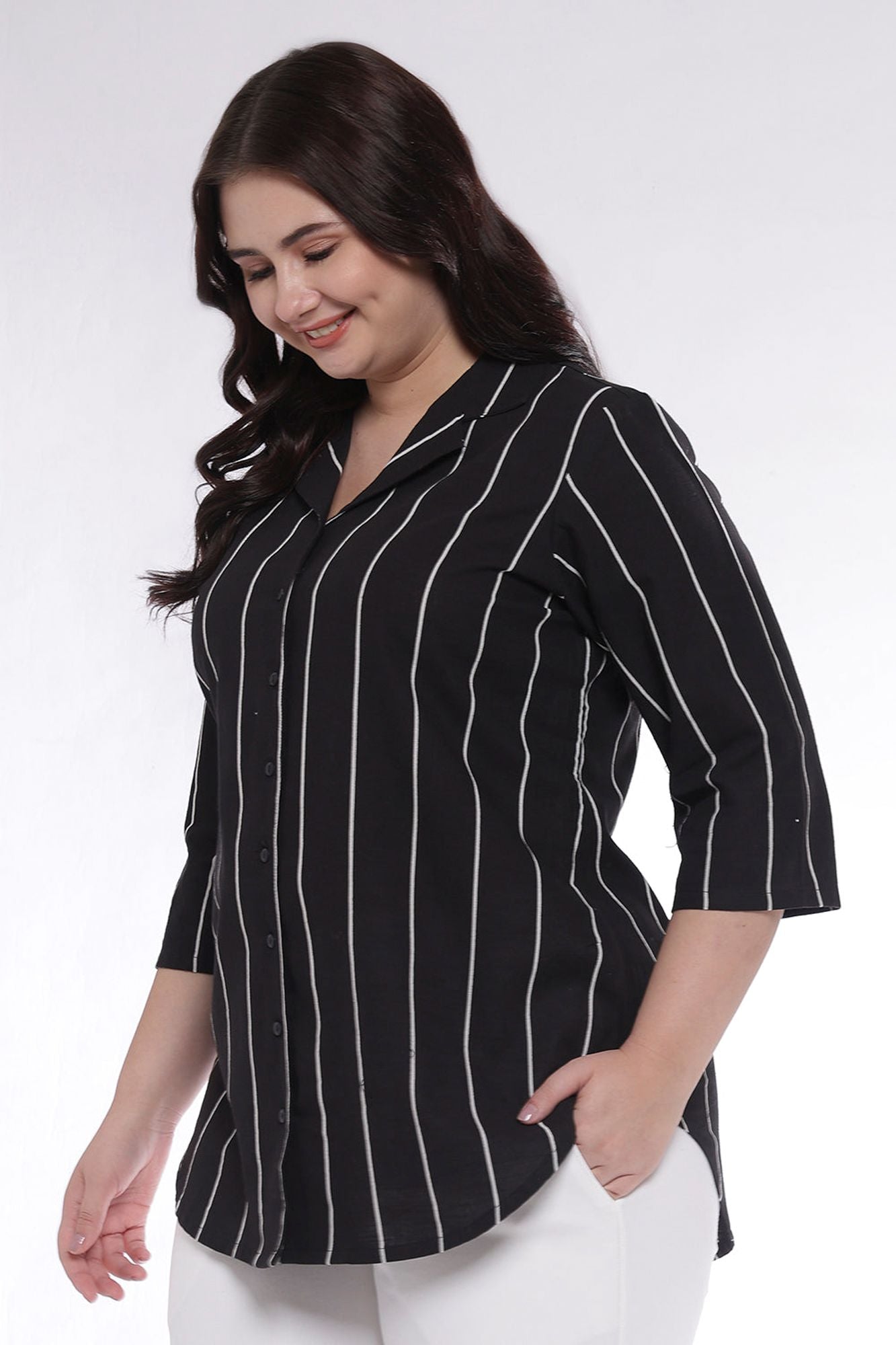 Plus Size Black Vertical Stripes Cuban Collar Cotton Shirt for Women | Made to Order