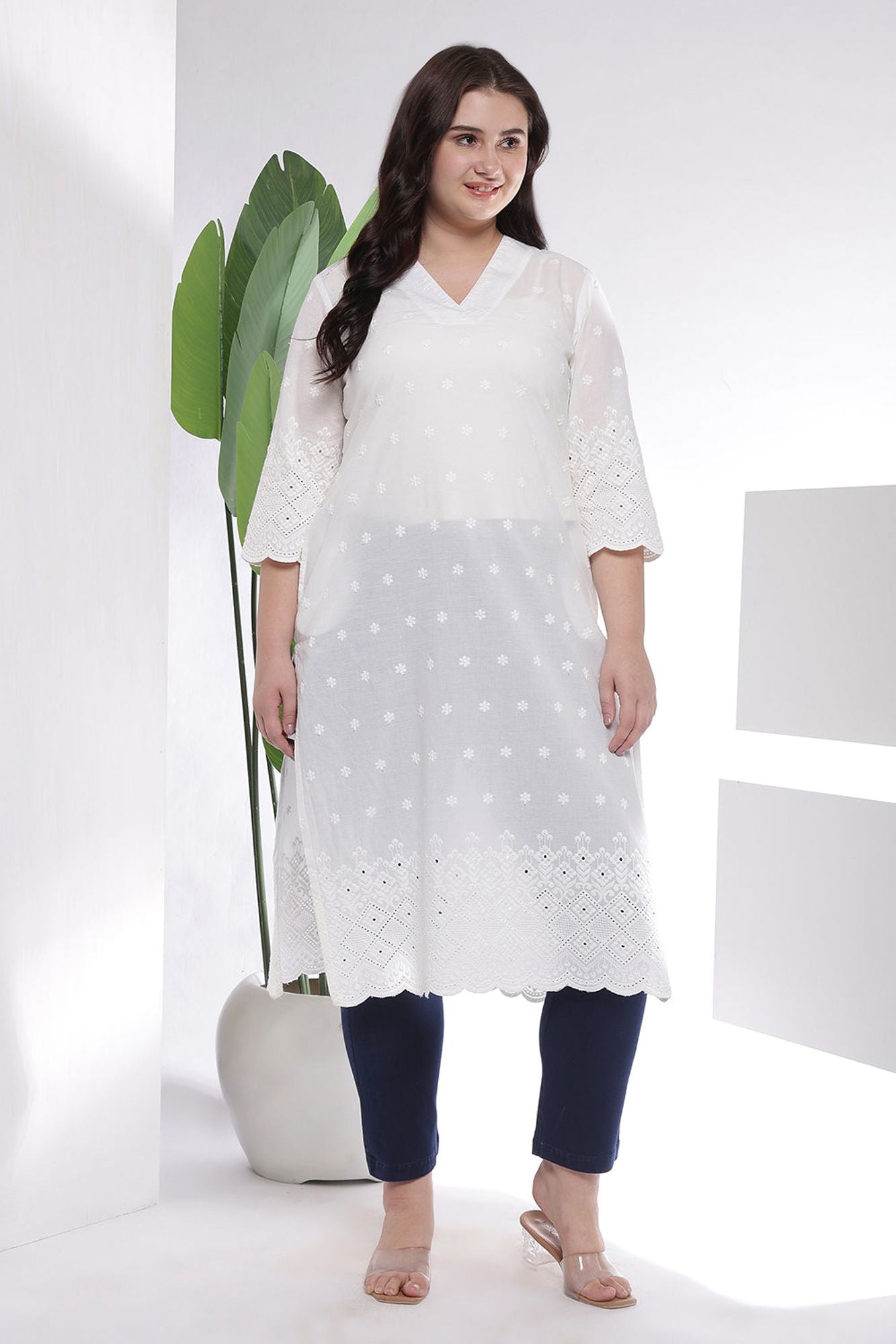 Plus Size White Cotton Eyelet V Neck Kurta For Women | Made to Order
