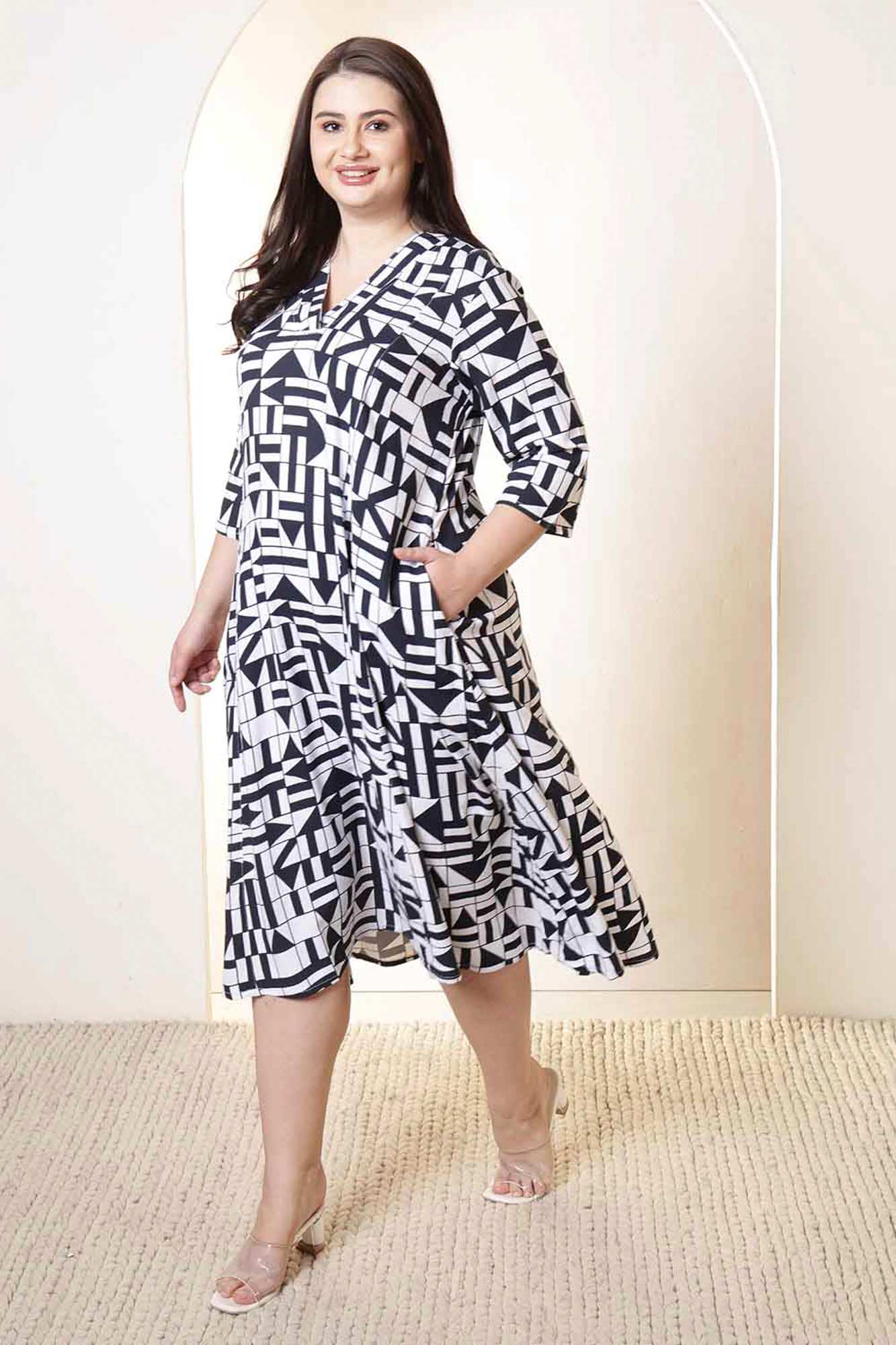 Plus Size Black & White Geometric Print Cotton Midi Dress | Made to Order