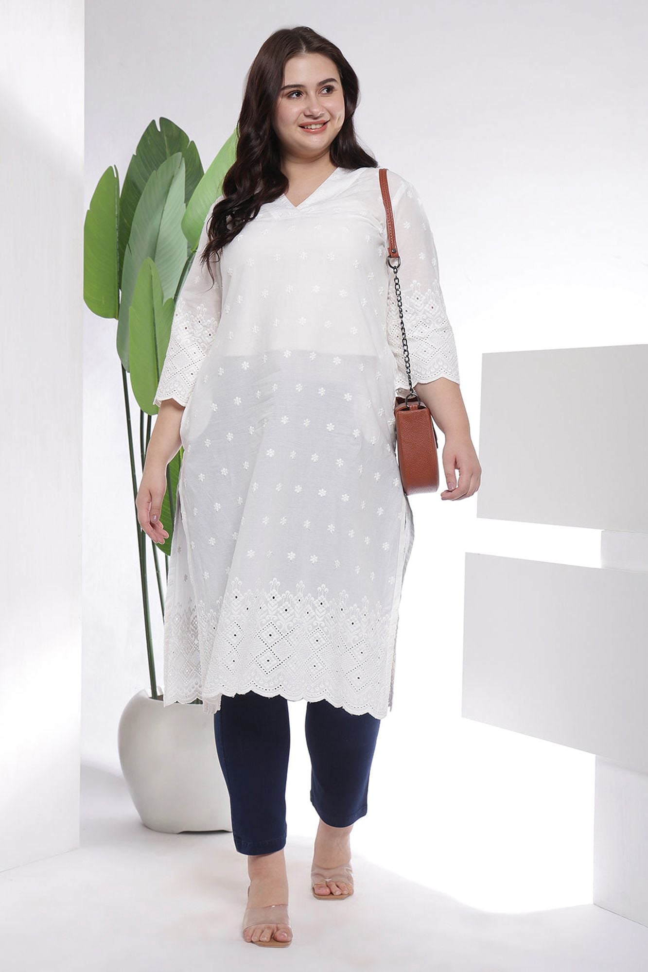 Plus Size White Cotton Eyelet V Neck Kurta For Women | Made to Order