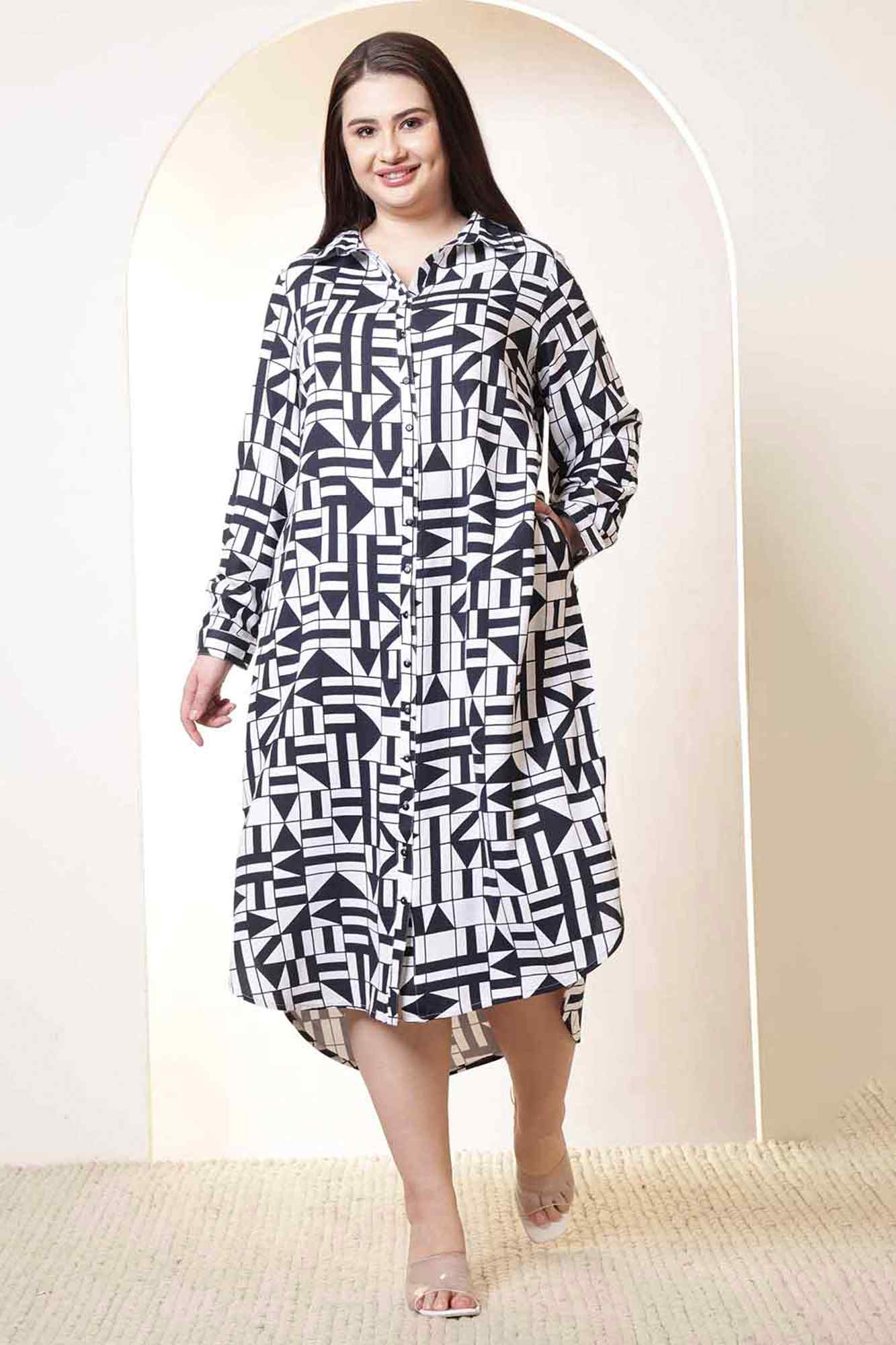 Plus Size Black & White Geometric Print Cotton Shirt Dress | Made to Order