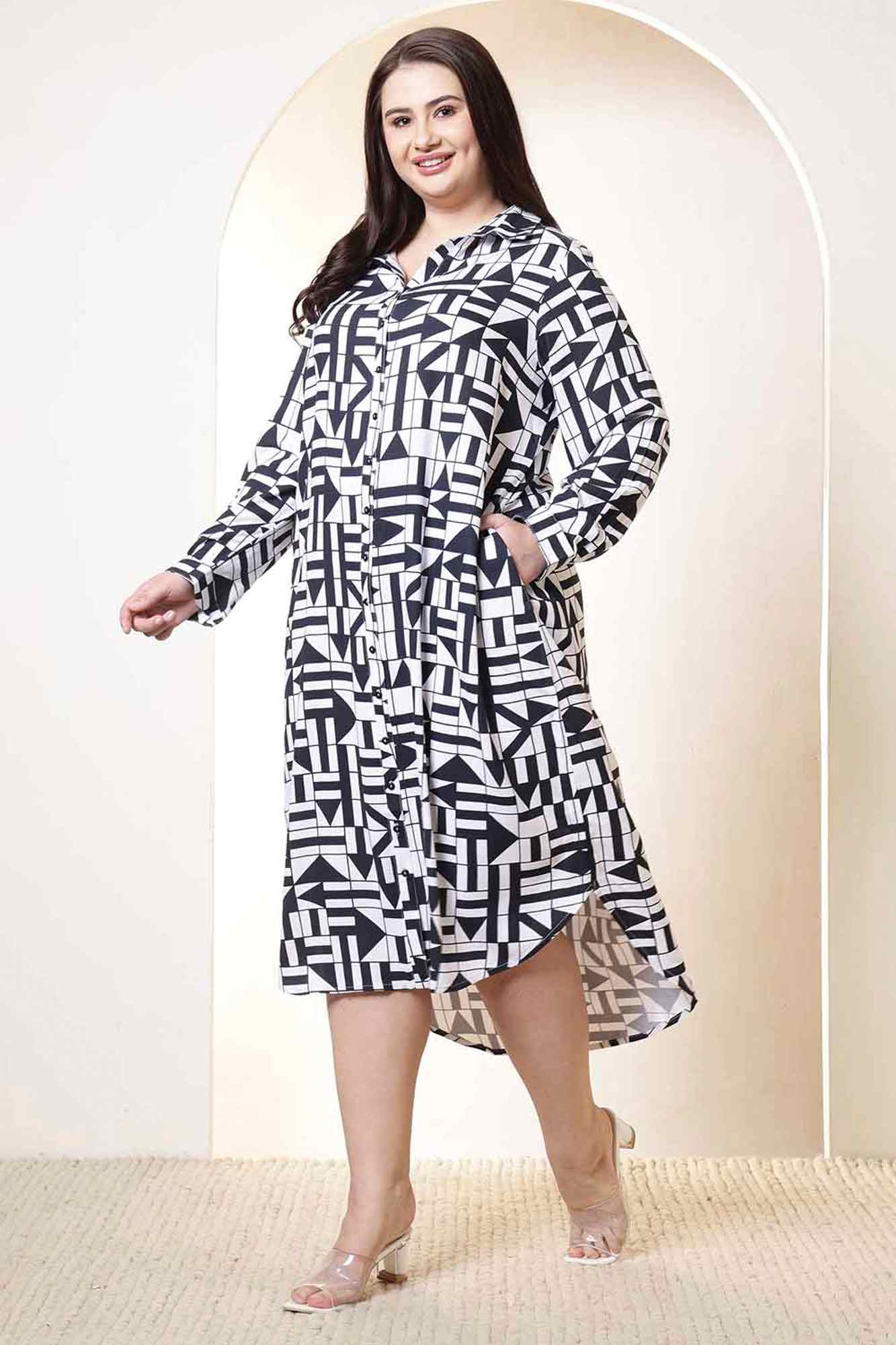 Plus Size Black & White Geometric Print Cotton Shirt Dress | Made to Order