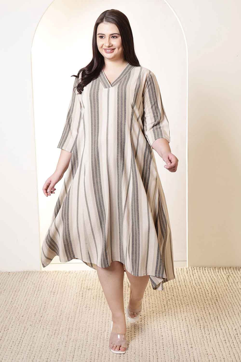 Plus Size Beige & Gray Striped Cotton Midi Dress