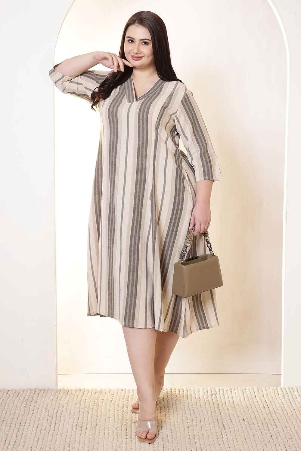 Plus Size Beige & Gray Striped Cotton Midi Dress