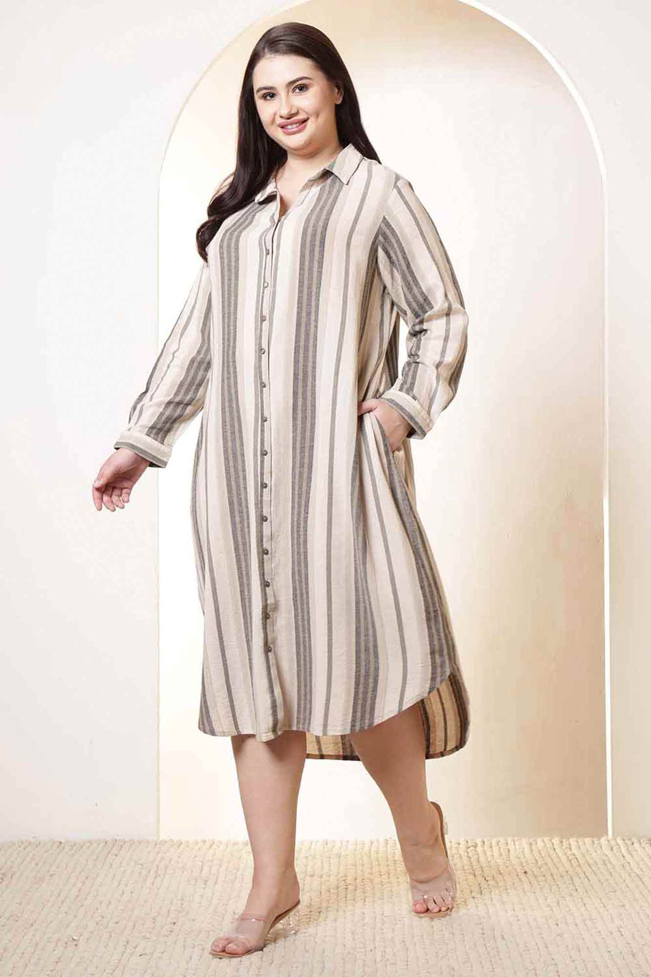 Plus Size Beige & Grey Striped Cotton Shirt Dress | Made to Order