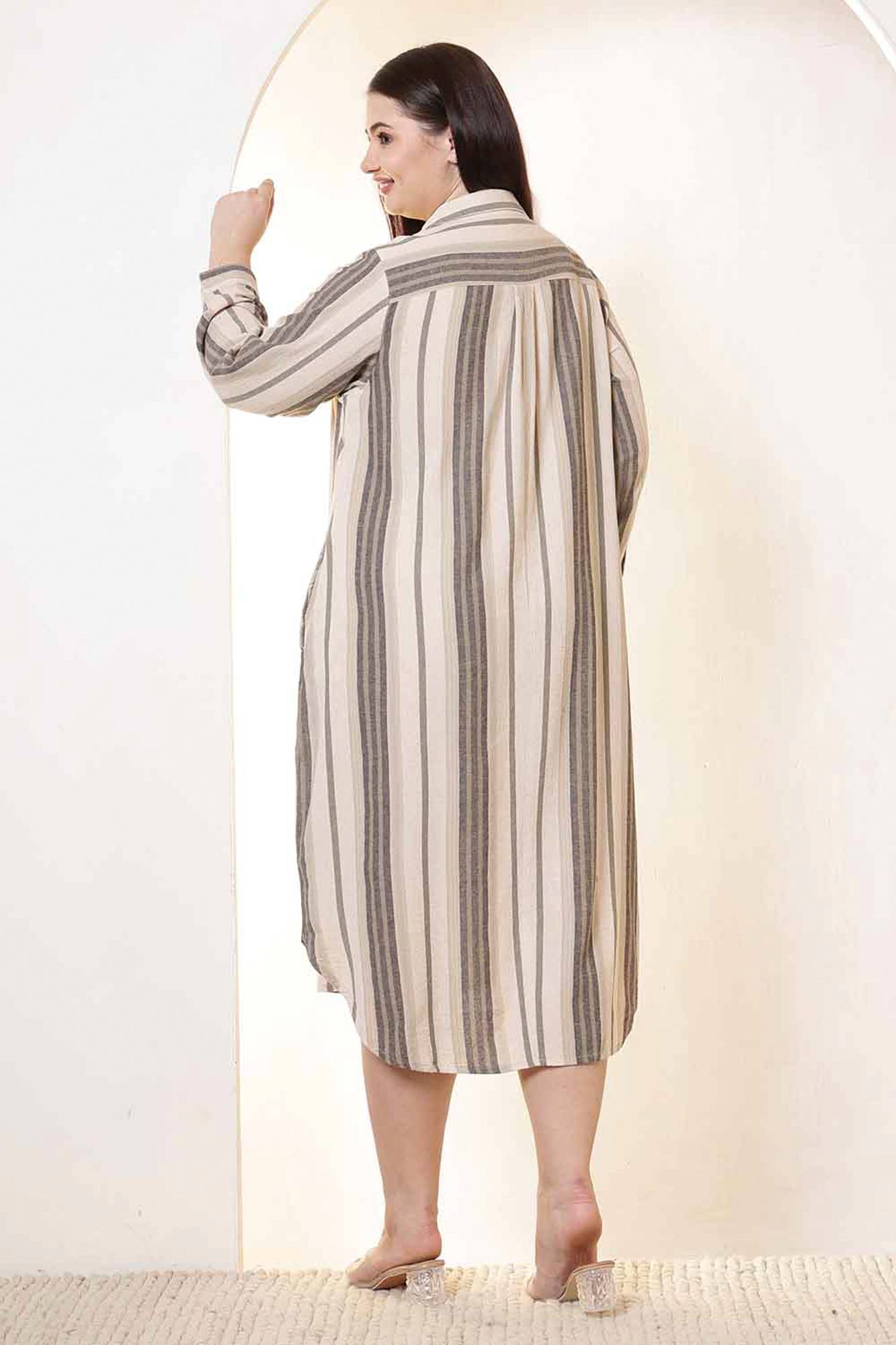 Plus Size Beige & Grey Striped Cotton Shirt Dress | Made to Order