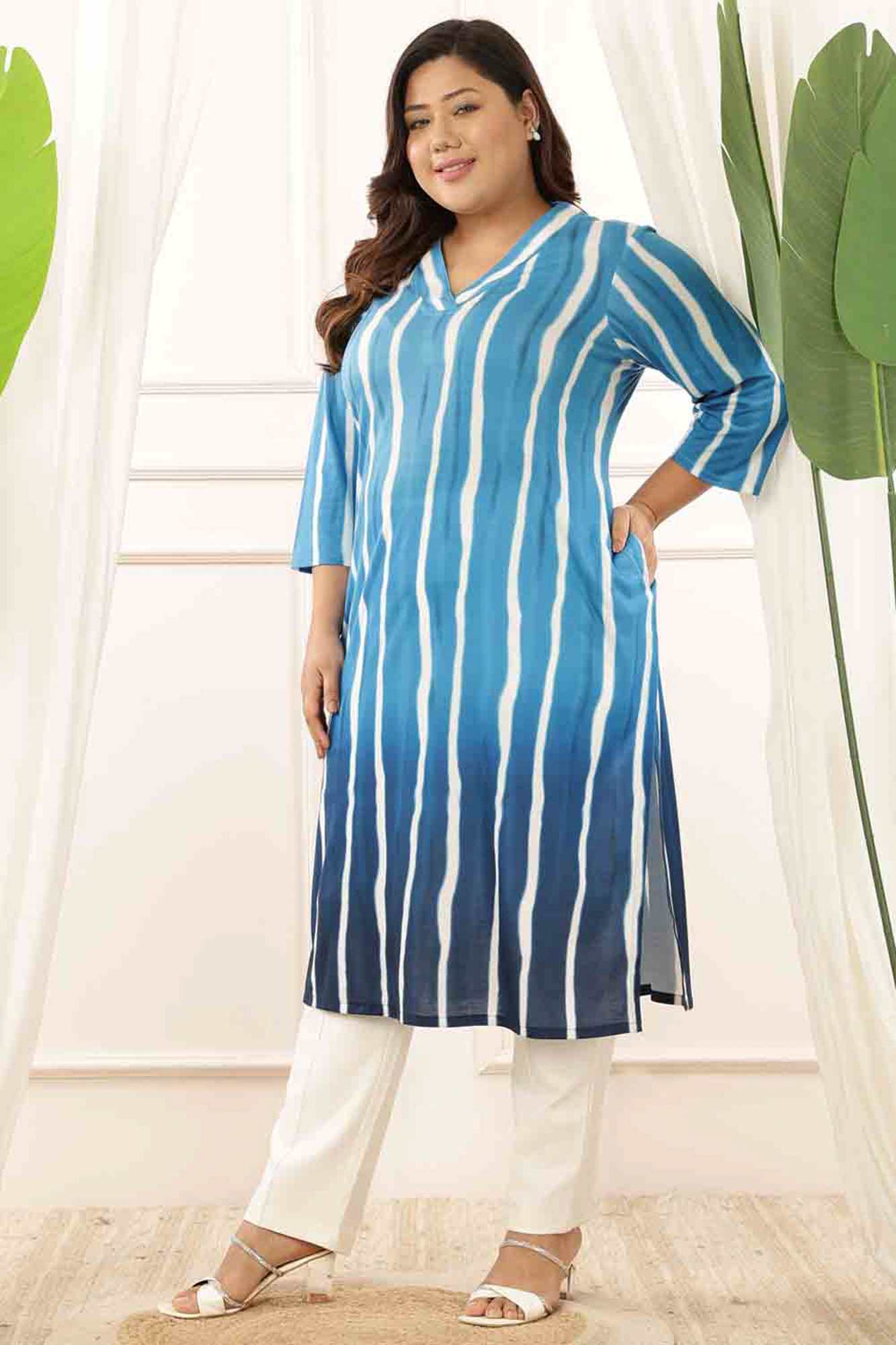 Plus Size Blue Ombre Kurta Tunic in Soft knitted fabric | Made to Order
