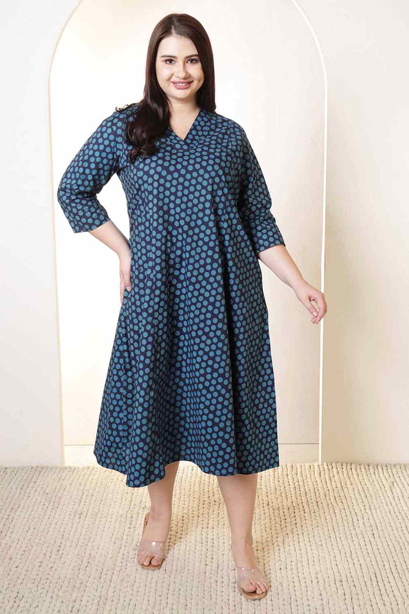Plus Size Navy & Teal Polka Print Cotton Midi Dress | Made to Order