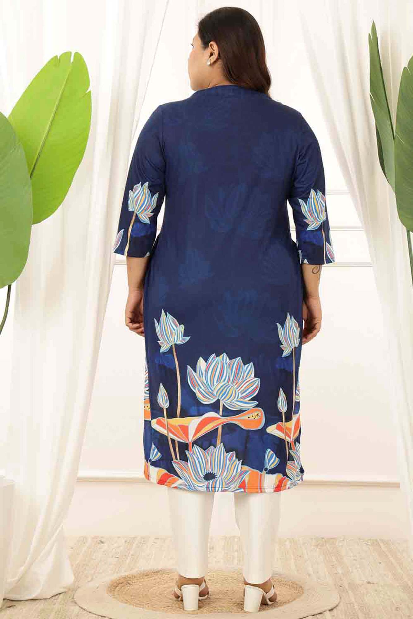 Plus Size Blue Floral V Neck Kurta Tunic in Soft knitted fabric | Made to Orde