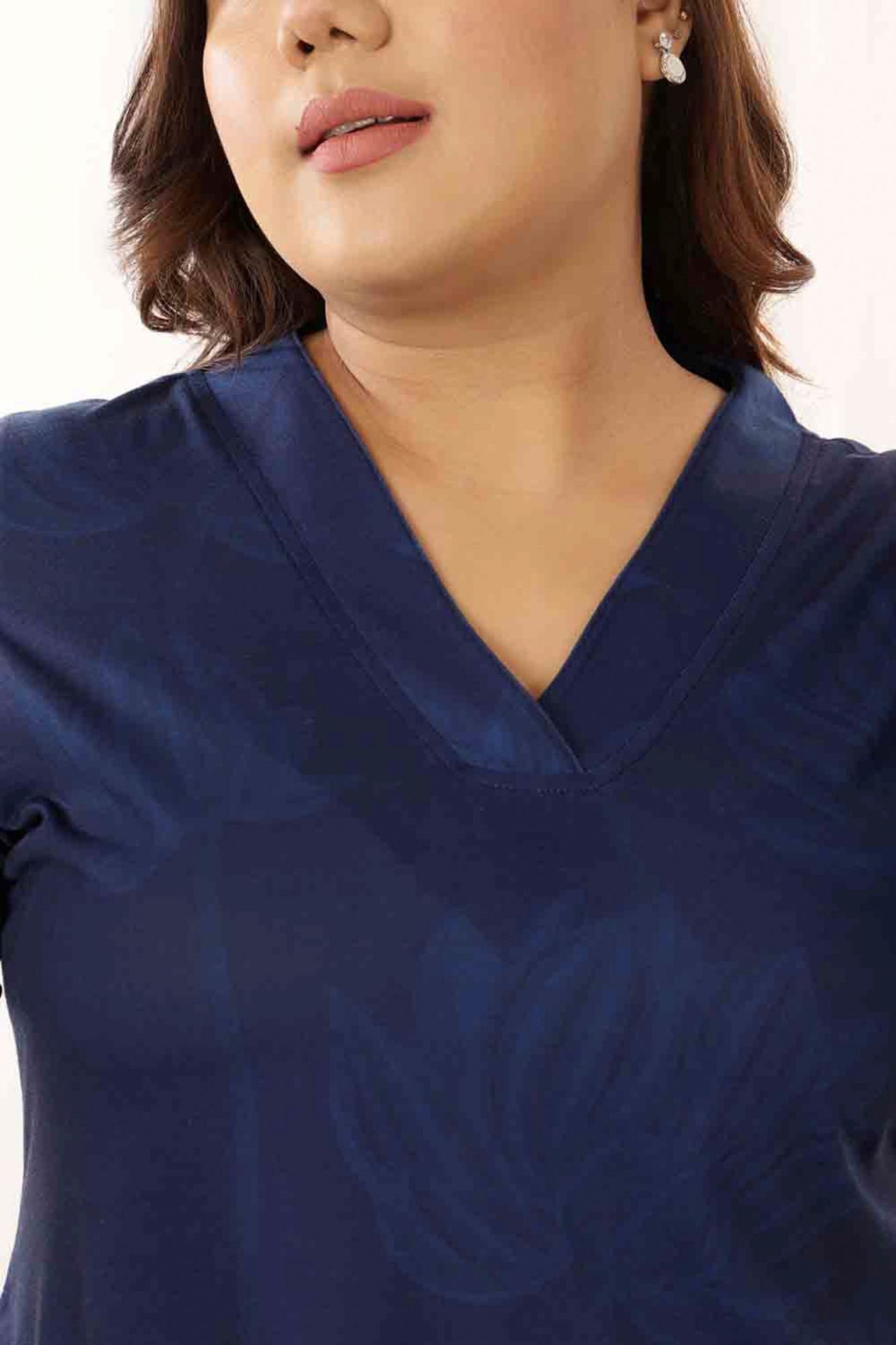 Plus Size Blue Floral V Neck Kurta Tunic in Soft knitted fabric | Made to Orde