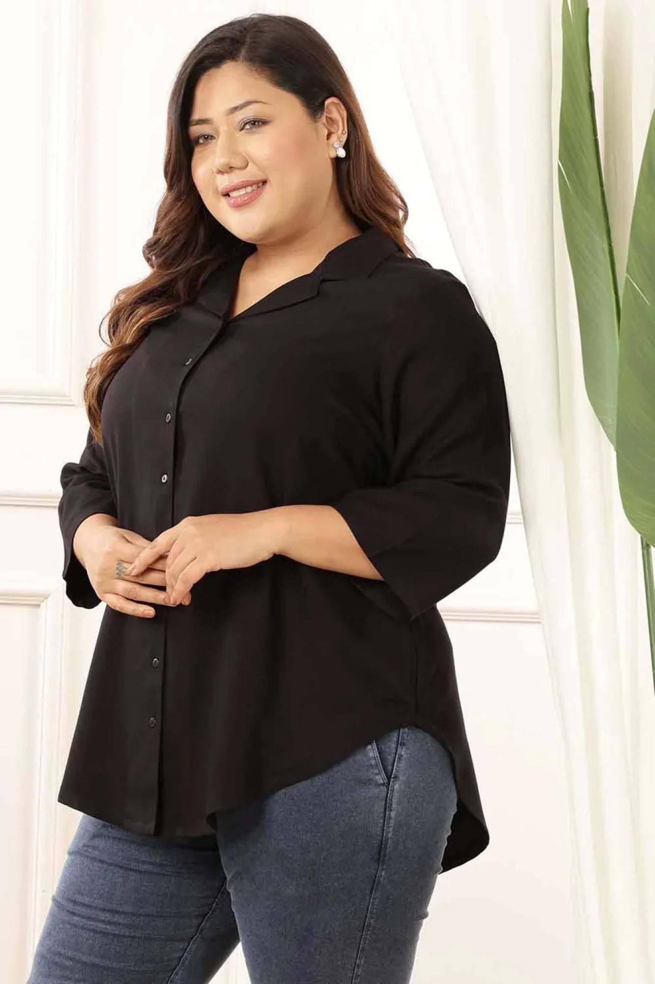 Plus Size Black Cuban Collar Rayon Twill Shirt | Made to Order