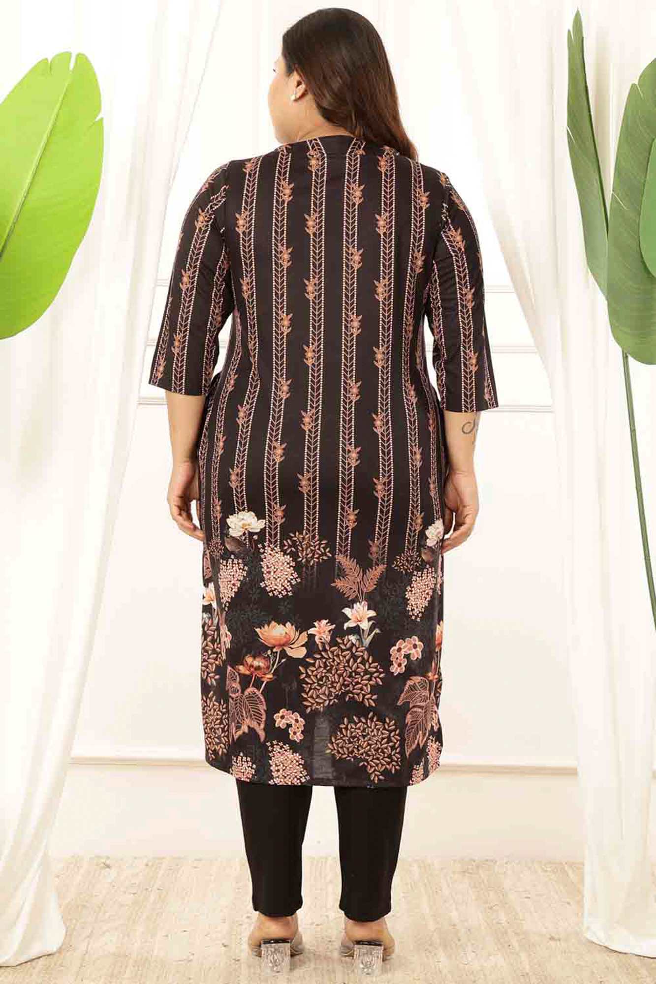 Plus Size Black Floral V Neck Kurta Tunic in Soft knitted fabric | Made to Order