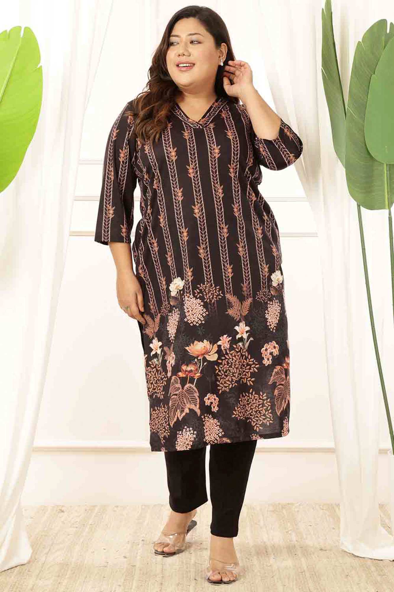 Plus Size Black Floral V Neck Kurta Tunic in Soft knitted fabric | Made to Order