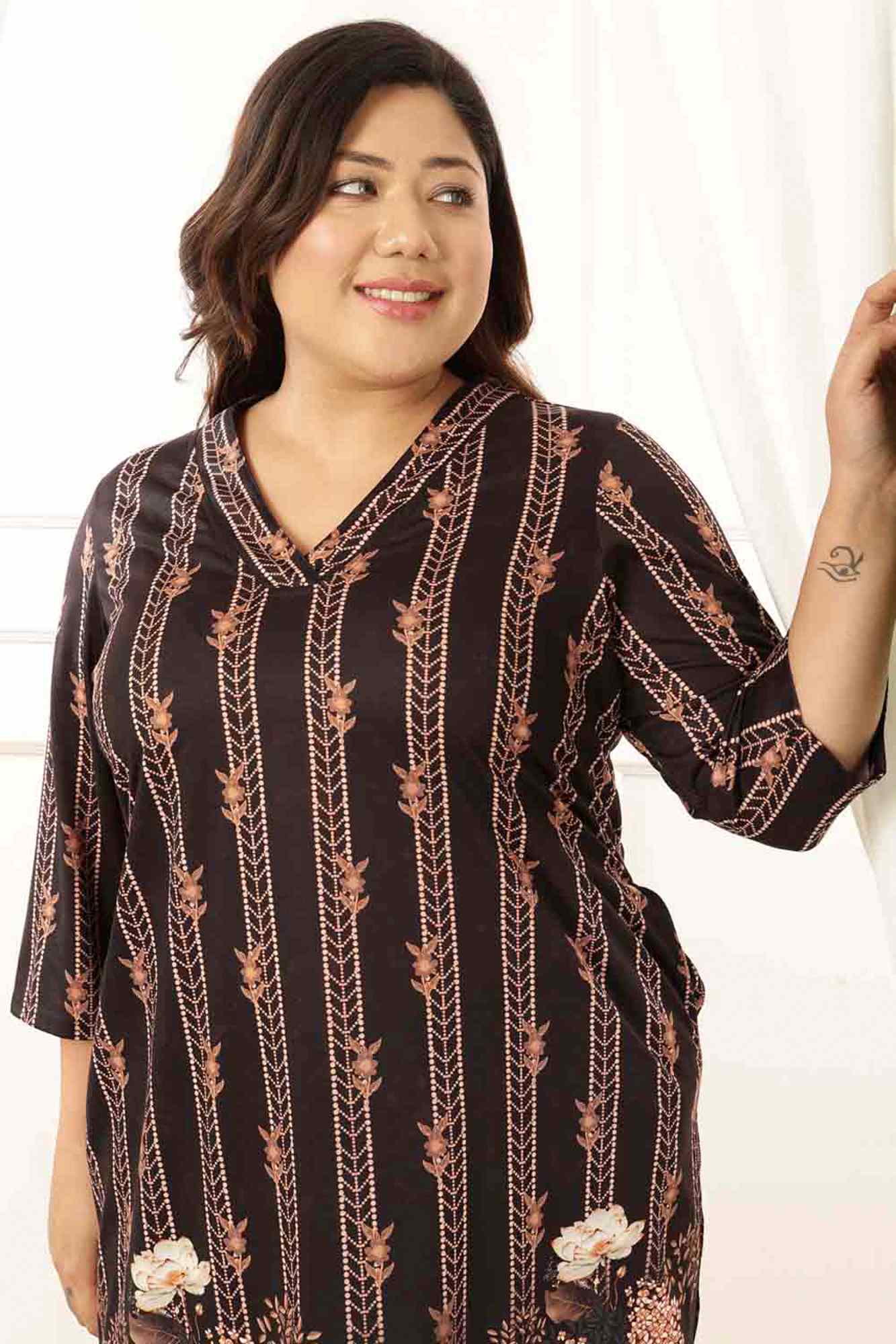 Plus Size Black Floral V Neck Kurta Tunic in Soft knitted fabric | Made to Order