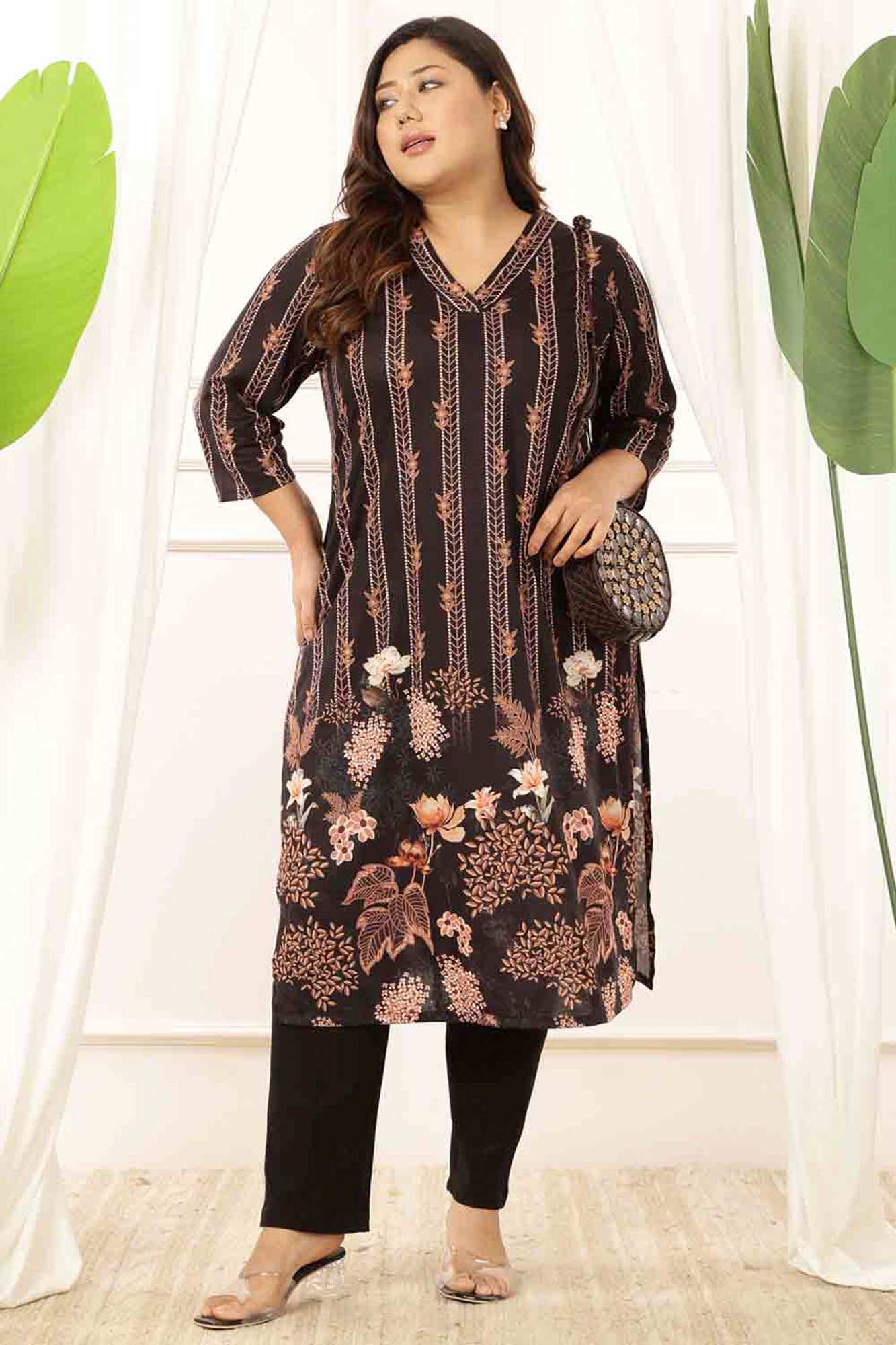 Plus Size Black Floral V Neck Kurta Tunic in Soft knitted fabric | Made to Order