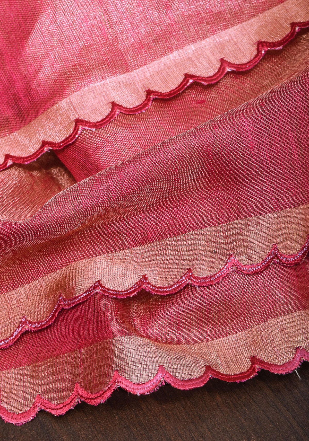 Reddish Pink tone Scalloped Tissue Linen Saree and golden border | Shobitam Saree