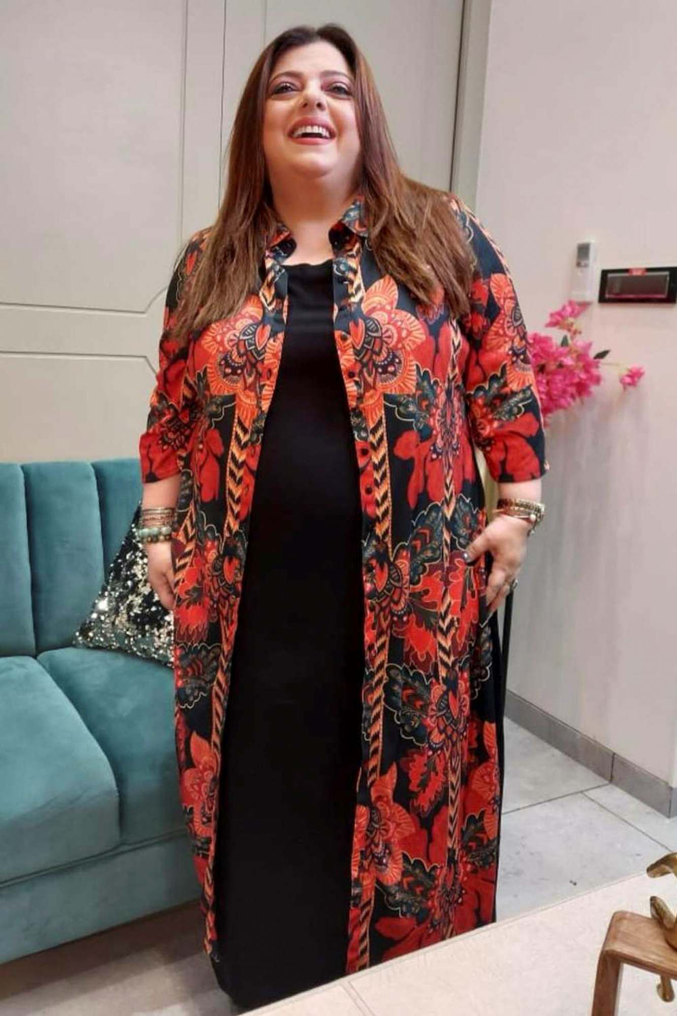 Plus Size Black Tropical Print Kurta & Shrug Covertible in Blended knit fabric | Made to Order