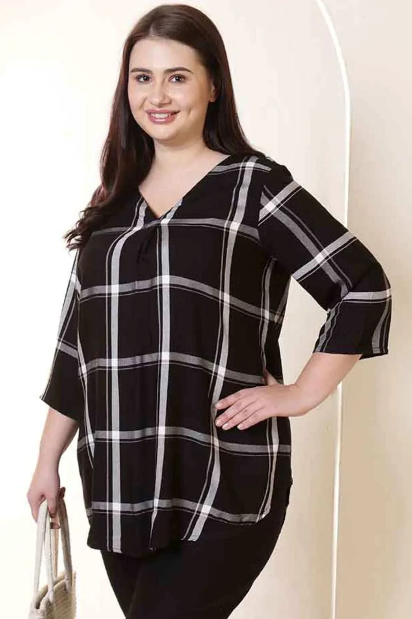 Plus Size Black & White Checkered V-Neck Rayon Twill Top in Cotton | Made to Order