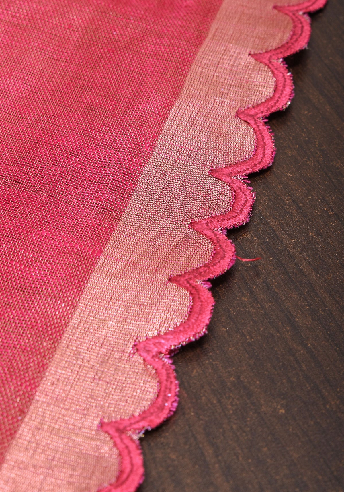 Reddish Pink tone Scalloped Tissue Linen Saree and golden border | Shobitam Saree