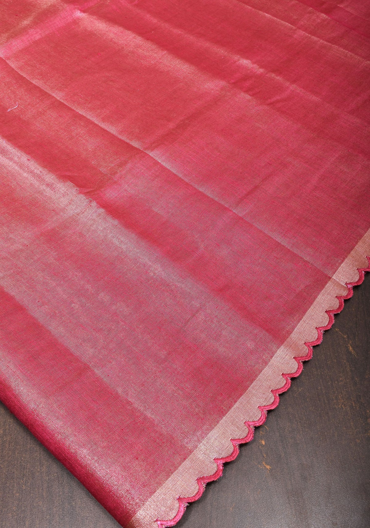 Reddish Pink tone Scalloped Tissue Linen Saree and golden border | Shobitam Saree