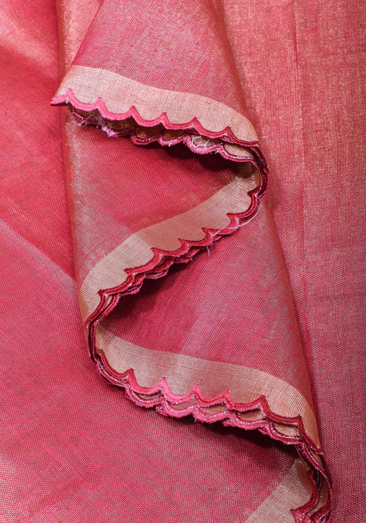 Reddish Pink tone Scalloped Tissue Linen Saree and golden border | Shobitam Saree