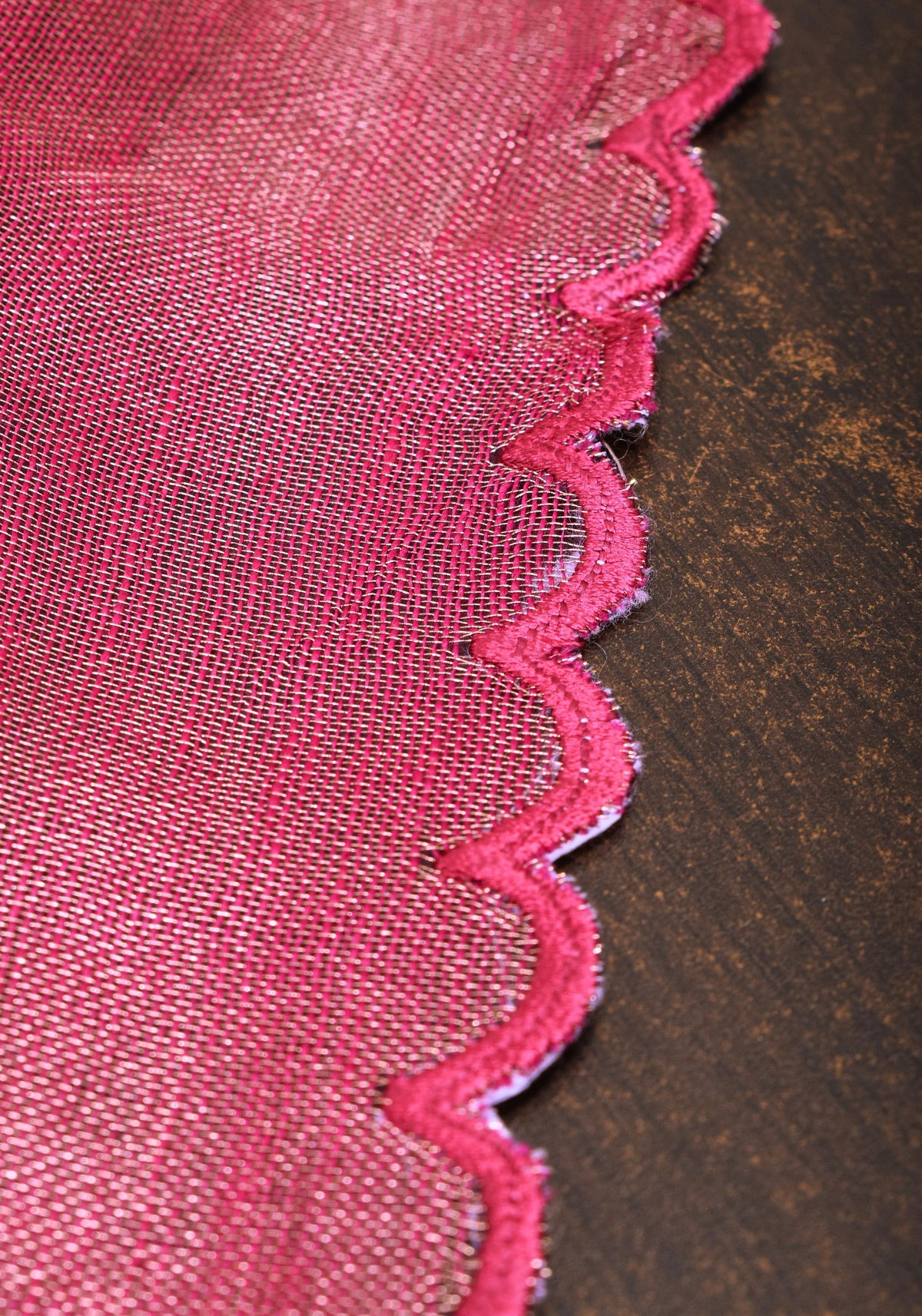 Reddish Pink tone Scalloped Tissue Linen Saree and golden border | Shobitam Saree