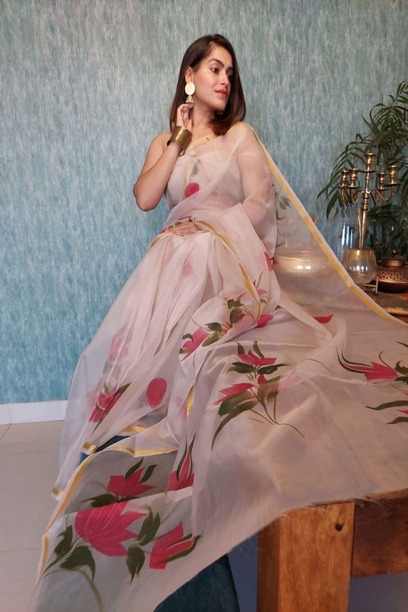 Multicolor Hand-Painted Organza with Golden Border Ready To wear Saree