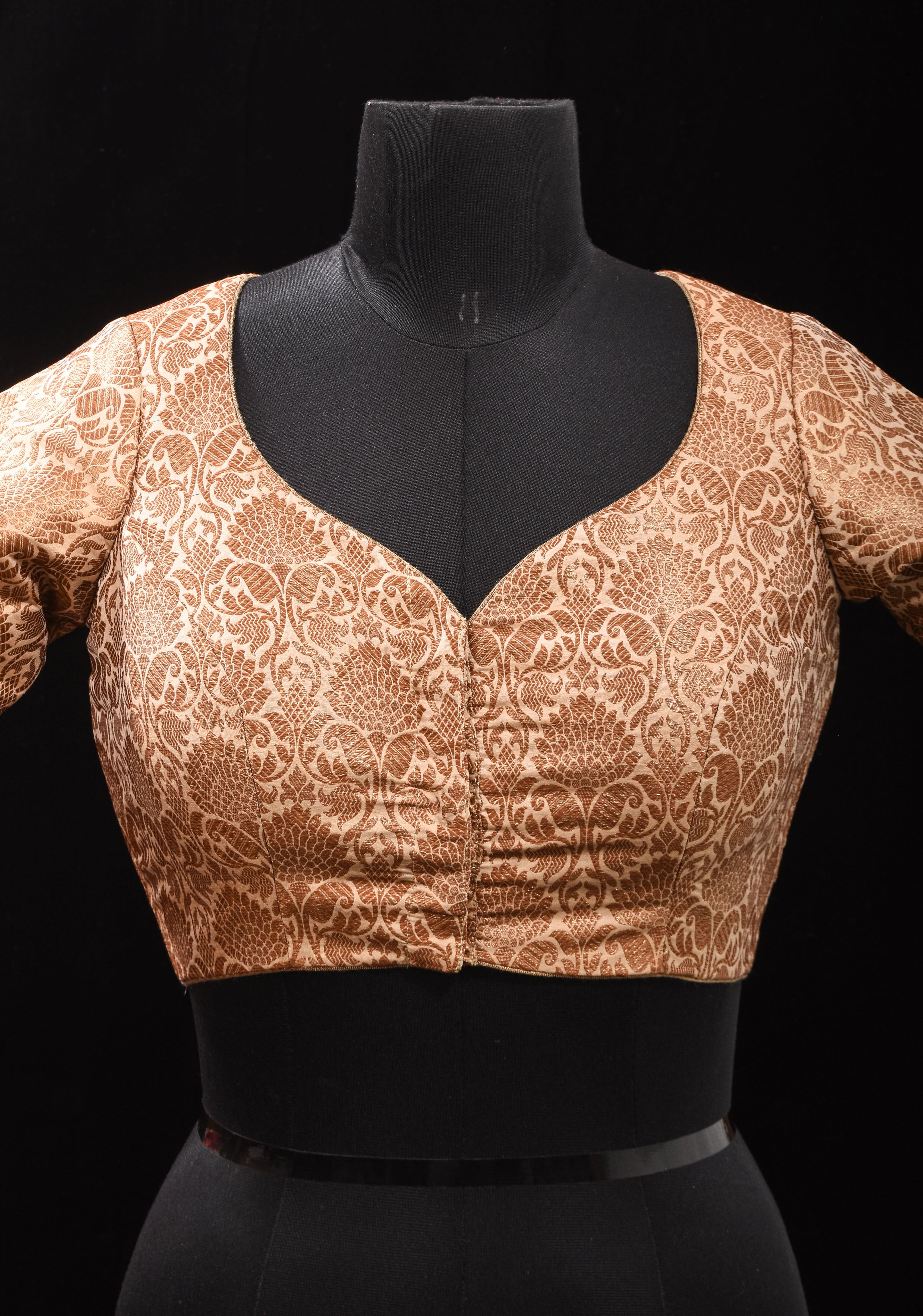 Elegant Antique Gold Floral Brocade Banarasi blouse with leaf and matka neck, Made to Order | Shobitam