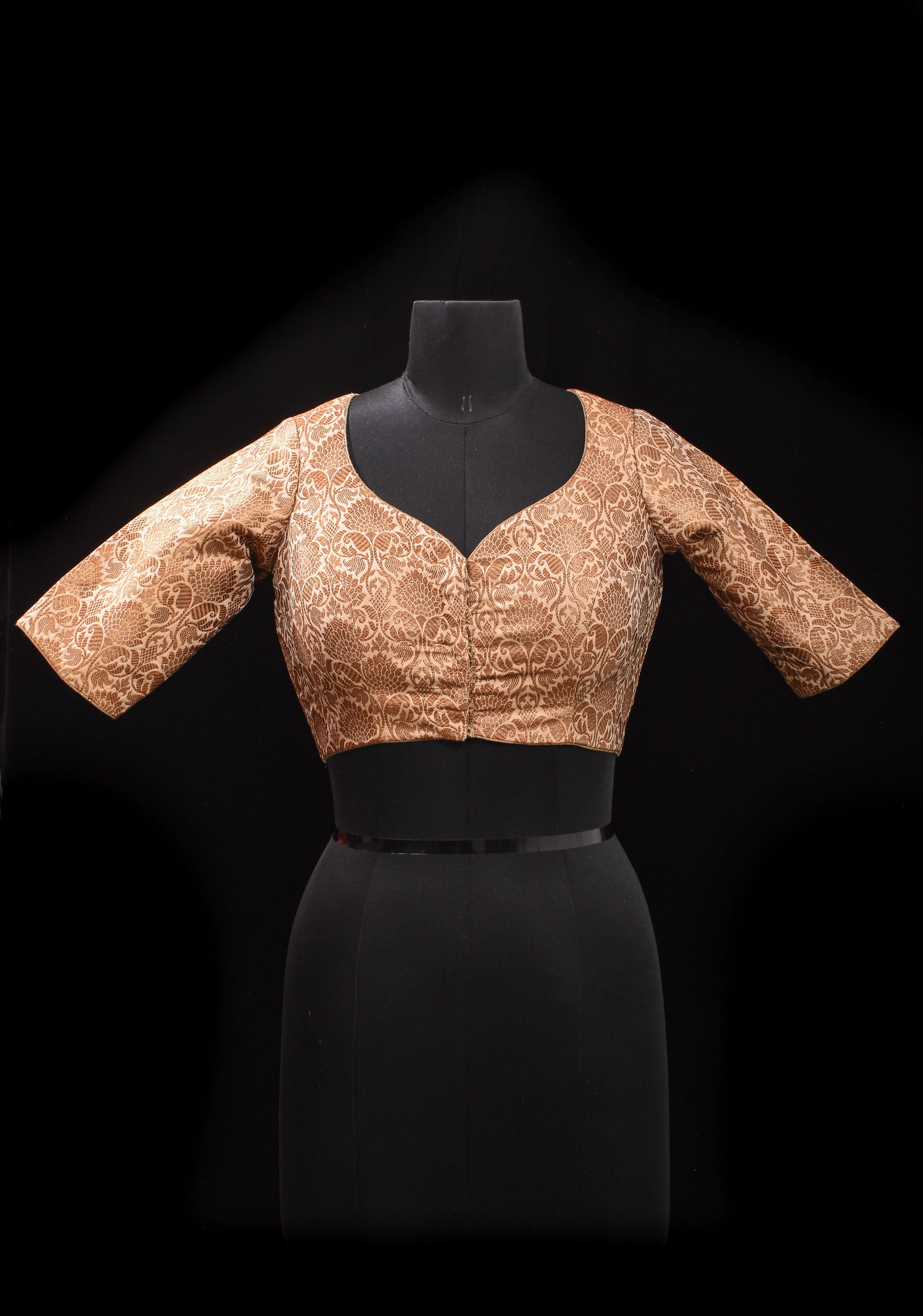 Elegant Antique Gold Floral Brocade Banarasi blouse with leaf and matka neck, Made to Order | Shobitam