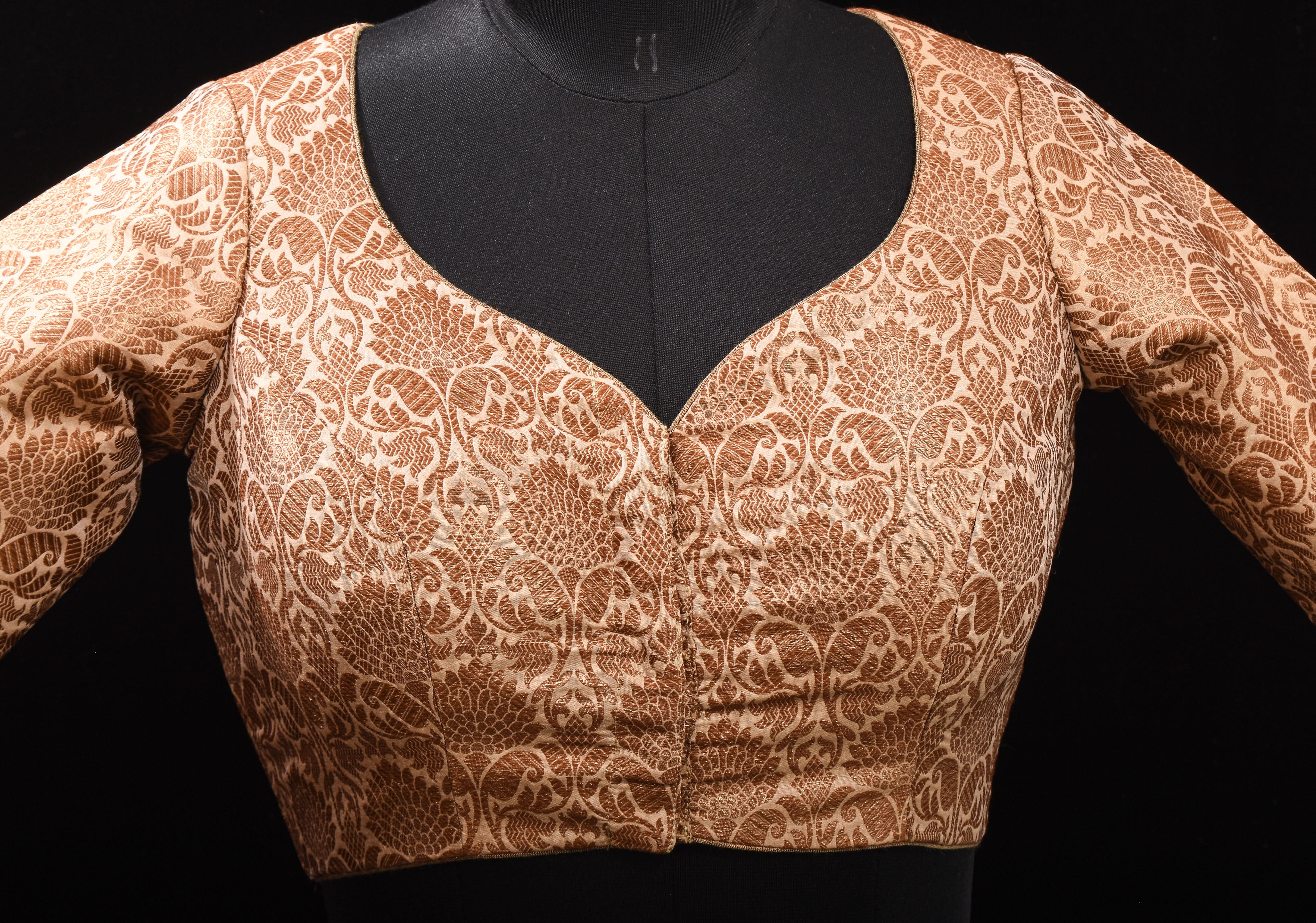 Elegant Antique Gold Floral Brocade Banarasi blouse with leaf and matka neck, Made to Order | Shobitam