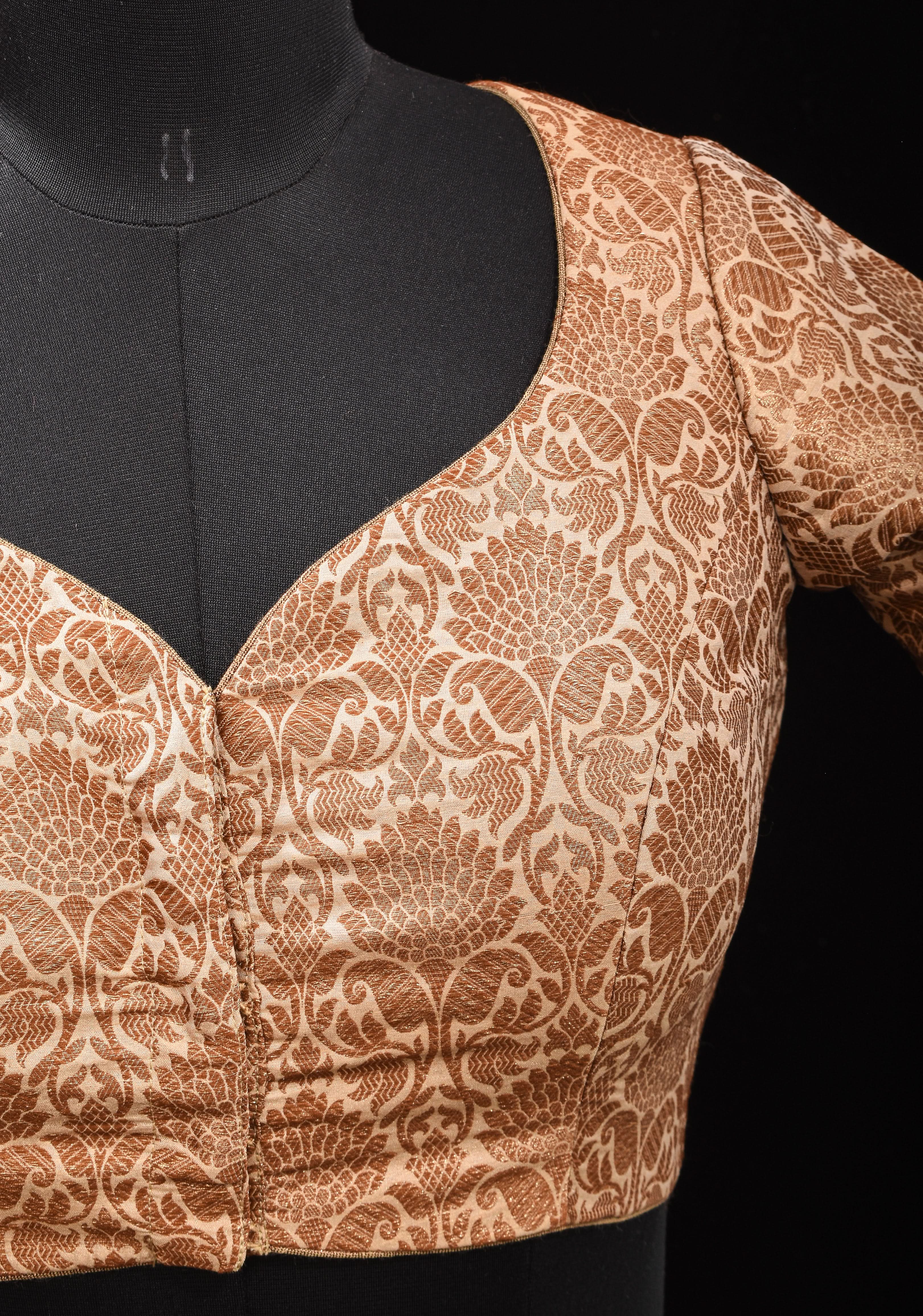 Elegant Antique Gold Floral Brocade Banarasi blouse with leaf and matka neck, Made to Order | Shobitam