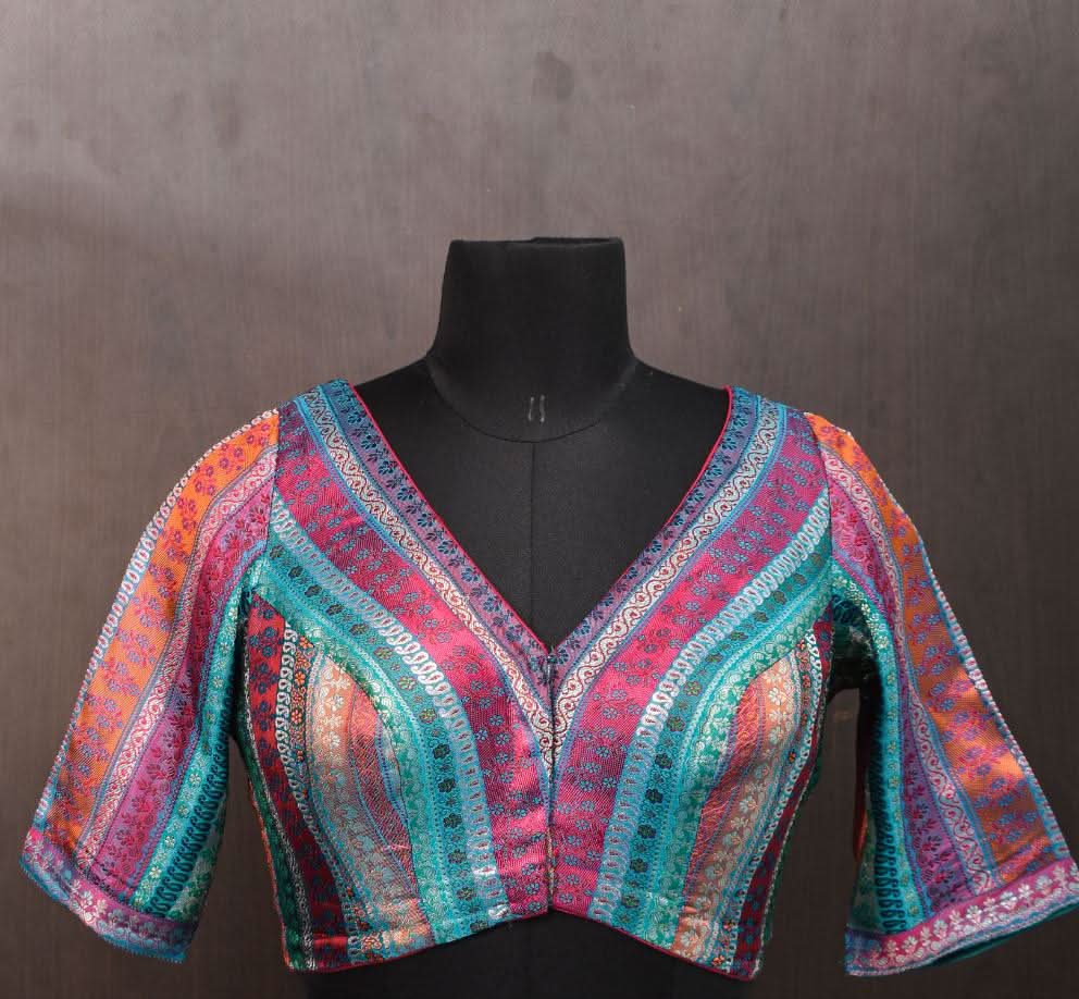 Multicolor Blouse in Banarasi Brocade Fabric with V Neck | Shobitam