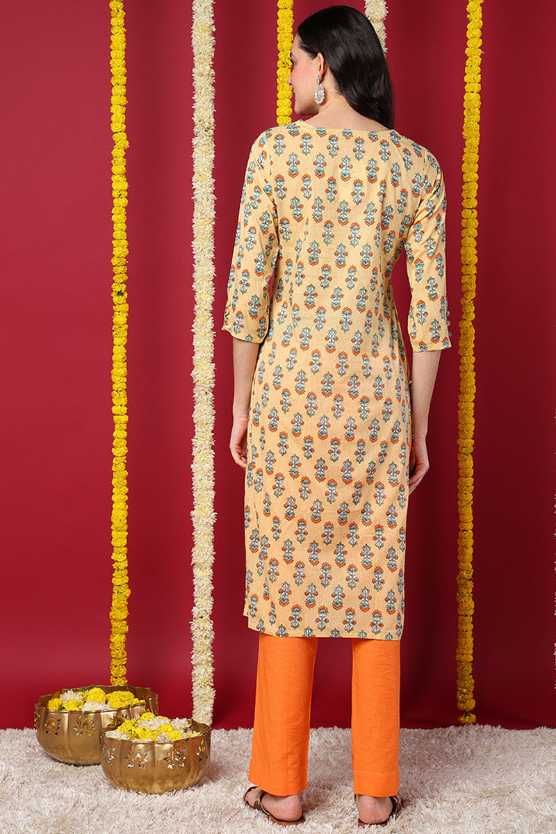 Women Cream Printed Daily Wear Kurti | SHOBITAM