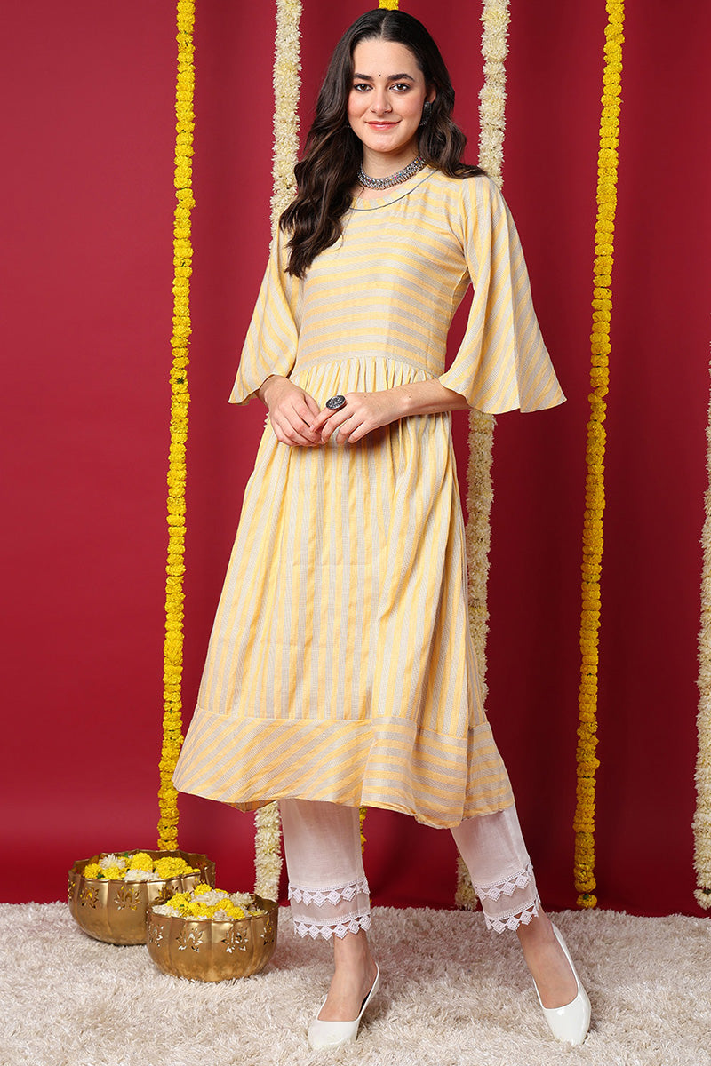 Yellow Striped A Line Kurta | SHOBITAM