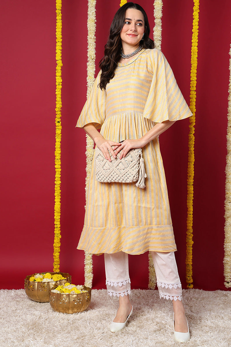 Yellow Striped A Line Kurta | SHOBITAM